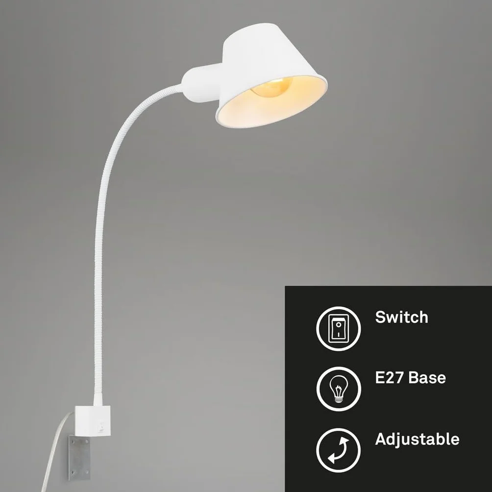 Briloner Elastyczna Lampa Nocna Biała z Przełącznikiem | Regulowana Lampa do Sypialni | Oprawka E27 | Maks. 10 W | Kabel 63 cm | Idealna do Czytania