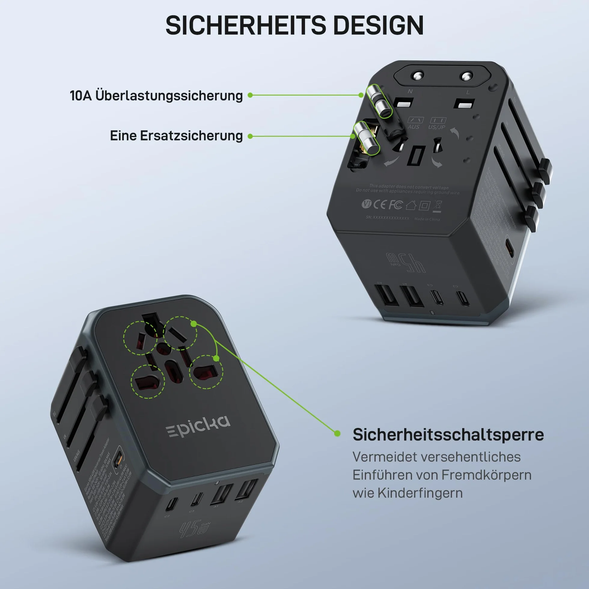 Epicka Uniwersalny adapter podróżny na cały świat PD Fast Charge, 45W szybkie ładowanie adapter podróżny z 3 USB i 2 USB C, uniwersalny dla UE USA UK Tajlandia Australia Adapter podróżny 105s