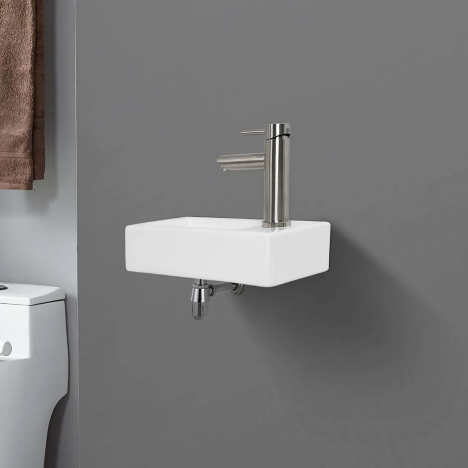 Ibergrif, M41102-R Prostokątny zlew ceramiczny z 1 otworem na kran, umywalka z prawej ręki montowana na ścianie, Mały rozmiar: 376 × 188 × 93 mm, Biały