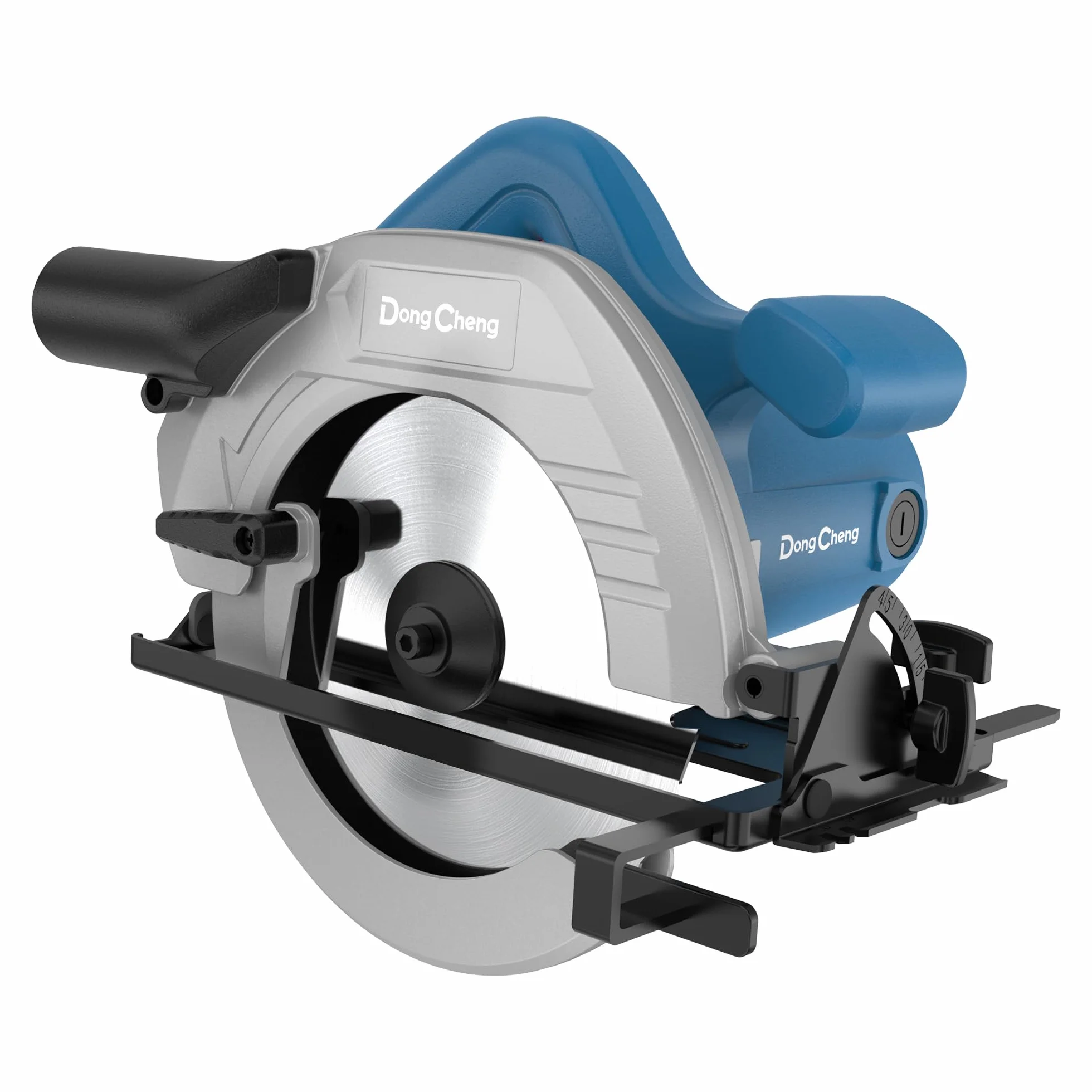 DongCheng piła tarczowa 185 mm, 1500 W, 5300 obr./min, maks. głębokość cięcia 64 mm (90°) i 45 mm (45°), przewodowa piła do drewna z beznarzędziową regulacją głębokości cięcia i wychylenia, reflektor