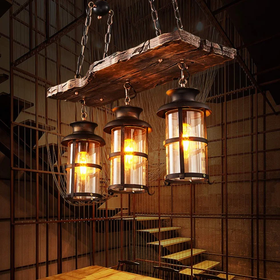 Lampa wisząca w stylu vintage, E27, industrialny żyrandol, styl vintage, drewno, lampa wisząca, czarne żelazo, szkło, abażur, lampa wisząca z regulacją wysokości, 3 płomienie oświetlenia, loft