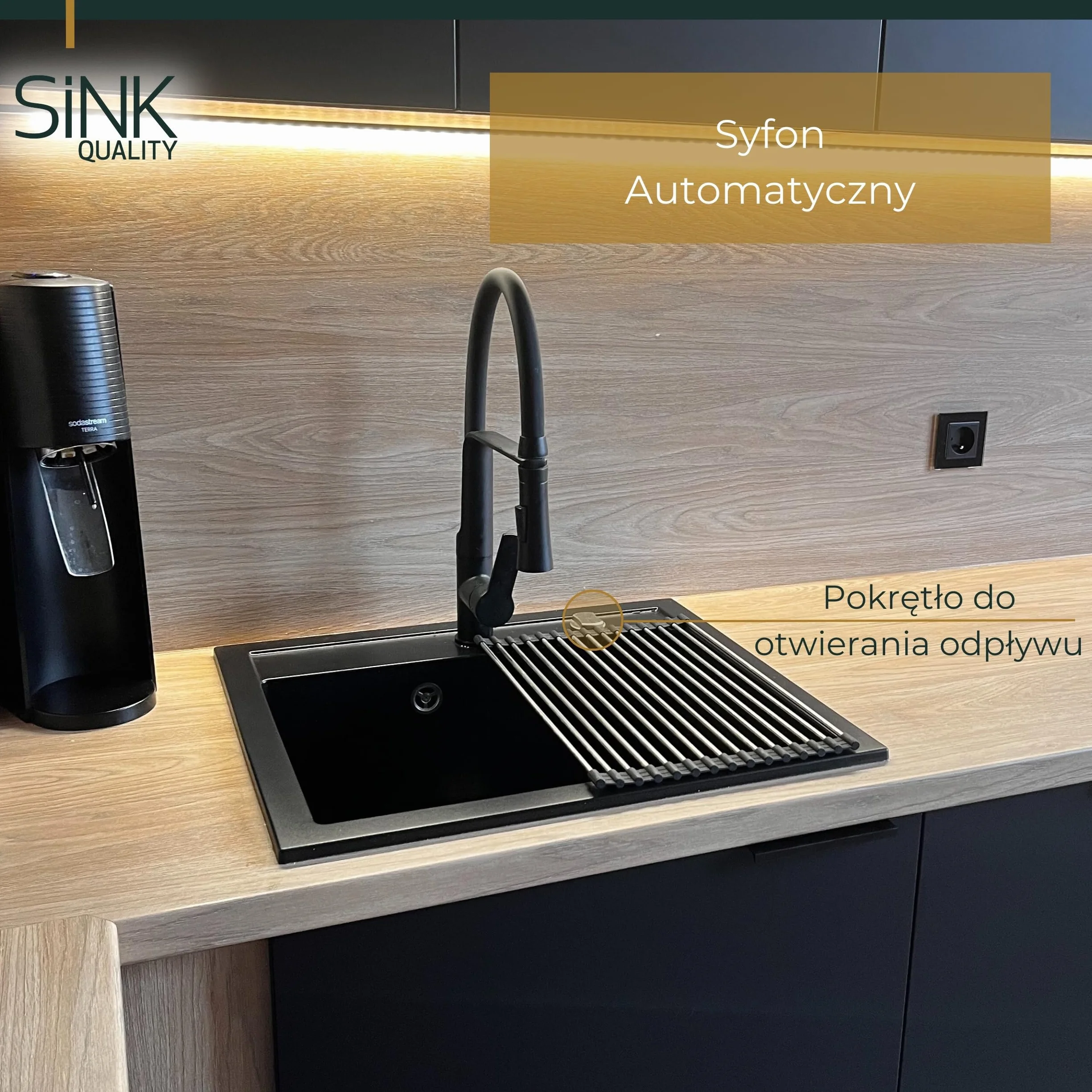 SINK QUALITY zlewozmywak granitowy czarny 56 x 51 cm - w zestawie syfon automatyczny i Impregnate - Umywalka do kuchni - zlewozmywak do szafki pod umywalkę 60 cm zlew granitowy do kuchni