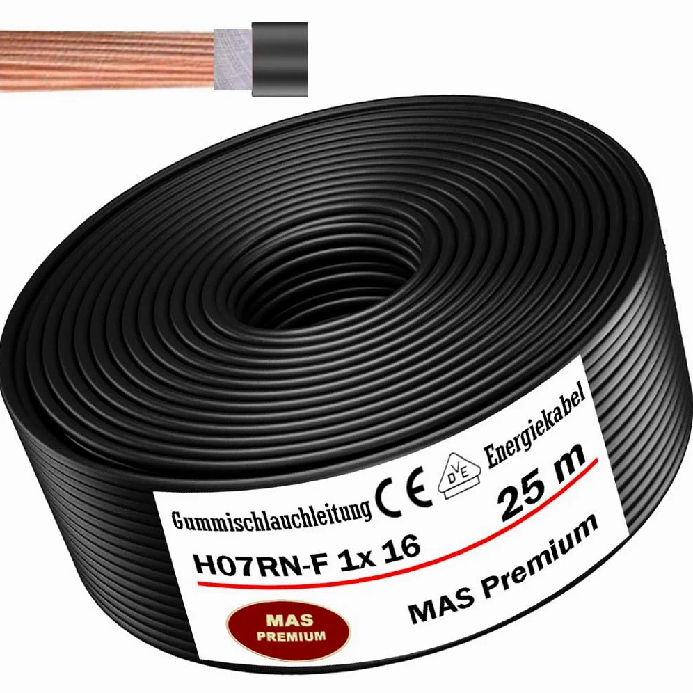 Przewód gumowy od 5 do 100 m, kabel zasilający na plac budowy H07RN-F 1 x 16 mm², elastyczny przewód do ciężkich urządzeń (25 m)