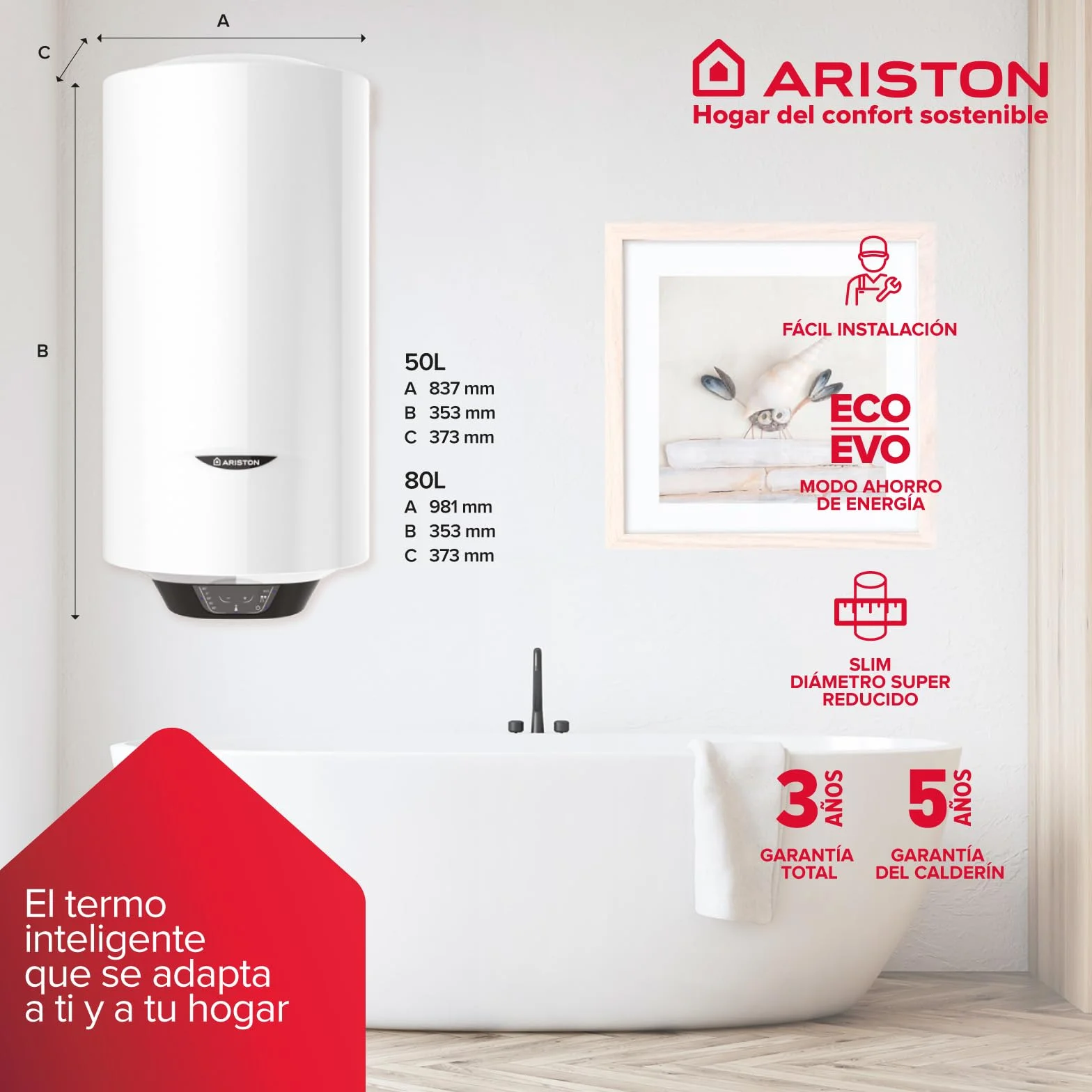 Ariston Pro1 Eco Slim - 30 litrów, niski pobór mocy, pionowy elektryczny podgrzewacz wody z funkcją ECO 37,3 x 35,3 x 63,1 cm - wyprodukowany do instalacji w Hiszpanii
