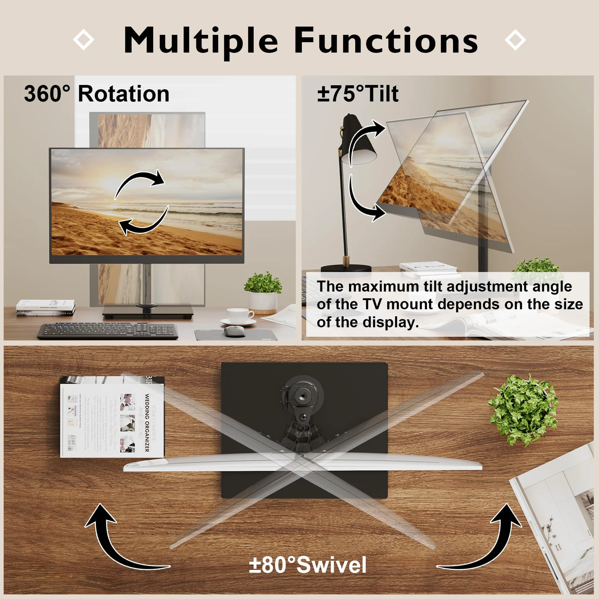 BONTEC Uchwyt na Monitor 13-32" Curved/Flat, VESA 75x75/100x100mm, Regulacja Pochylenia ±75°, Obrót 360°, Do 10 kg