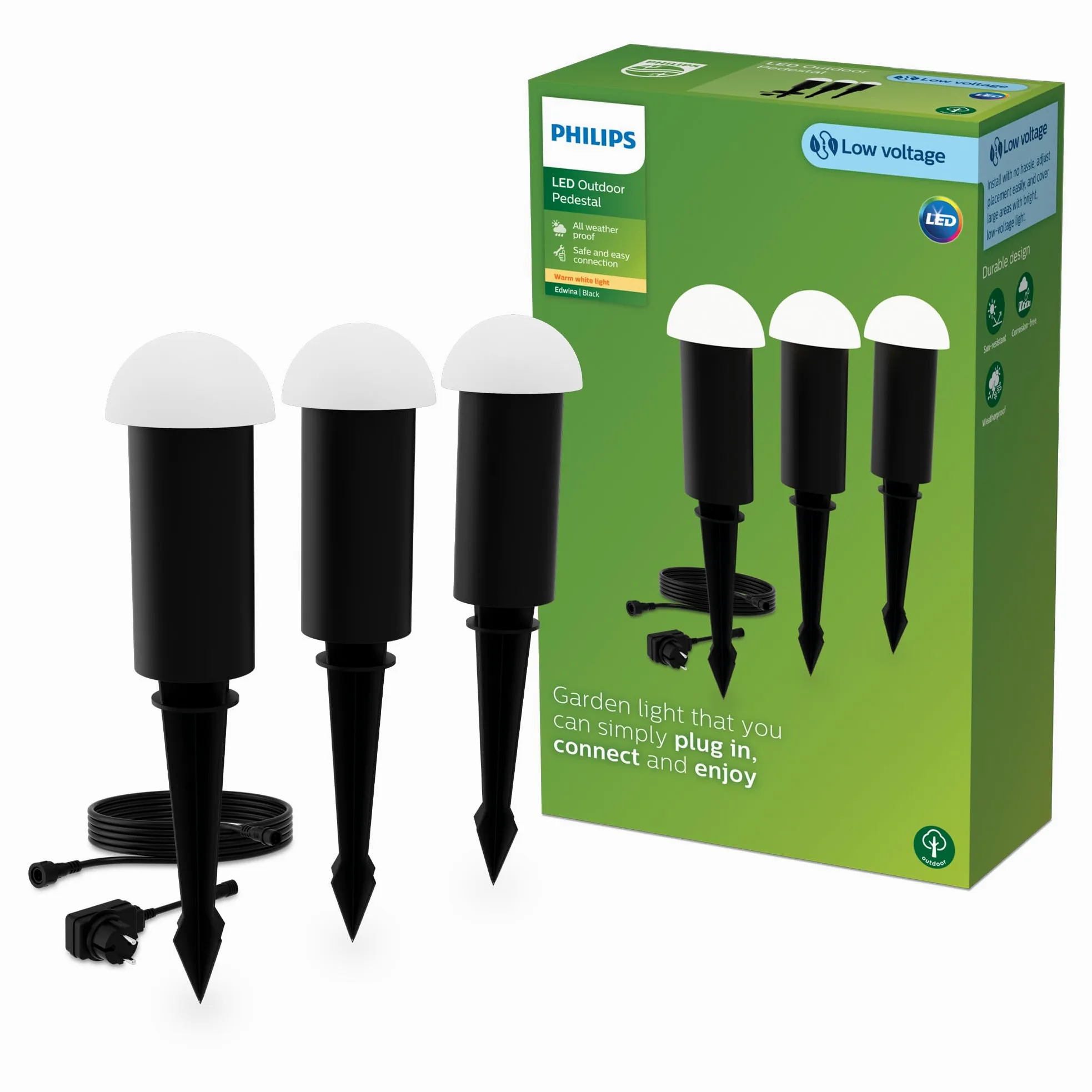 Philips Edwina Zewnętrzna Lampa na Postumencie 24 V GardenLink Niskonapięciowa, 2700 K, 180 lm, Czarna, Zestaw Startowy, 3 Sztuki, Wtyczka EU