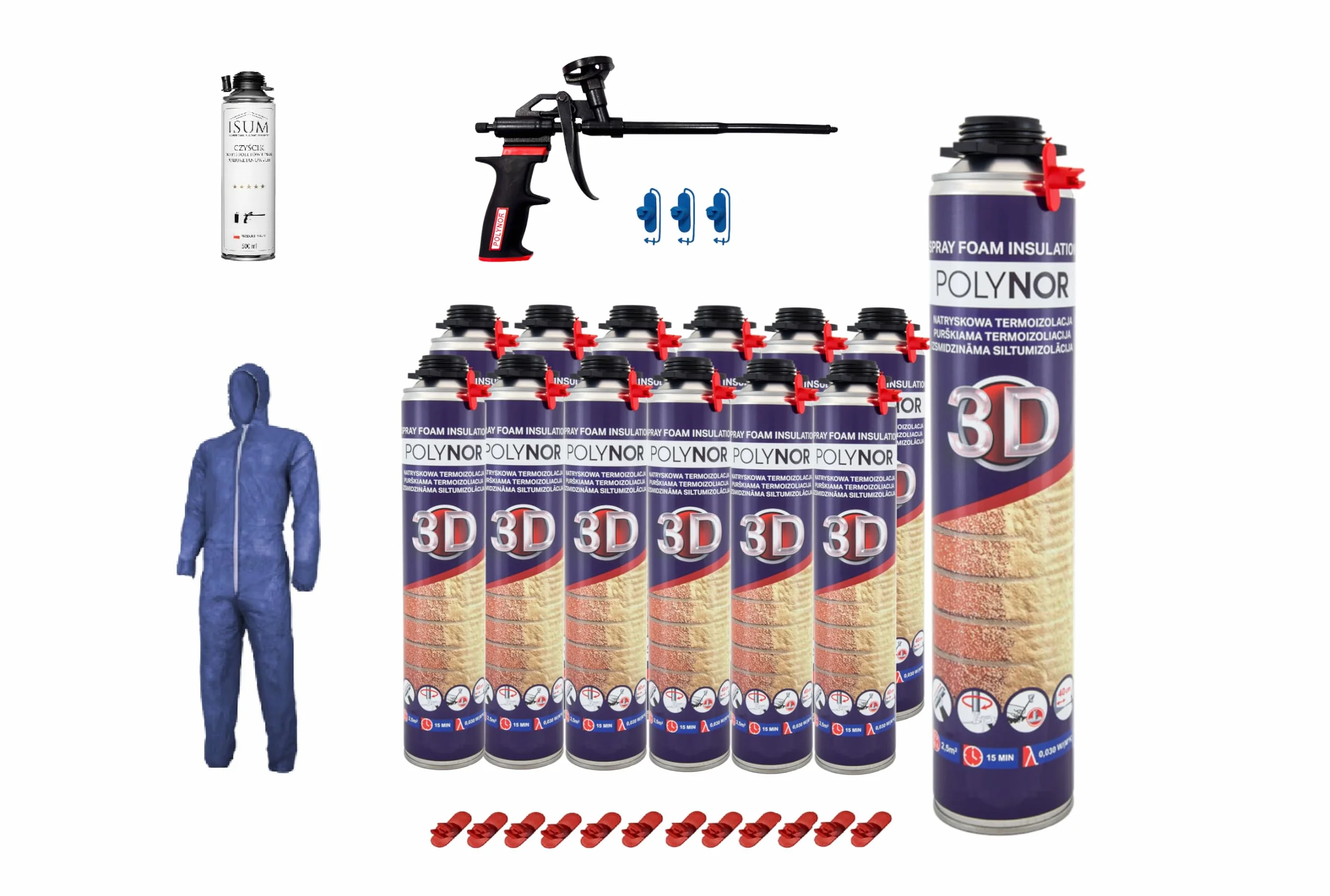 POLYNOR 3D Zestaw do izolacji natryskowej XXL - 12x850ml + akcesoria | natryskowa izolacja termiczna, pianka montażowa PUR, czyścik 500ml, pistolet Polynor Teflon PRO z 3 dyszami kątowymi
