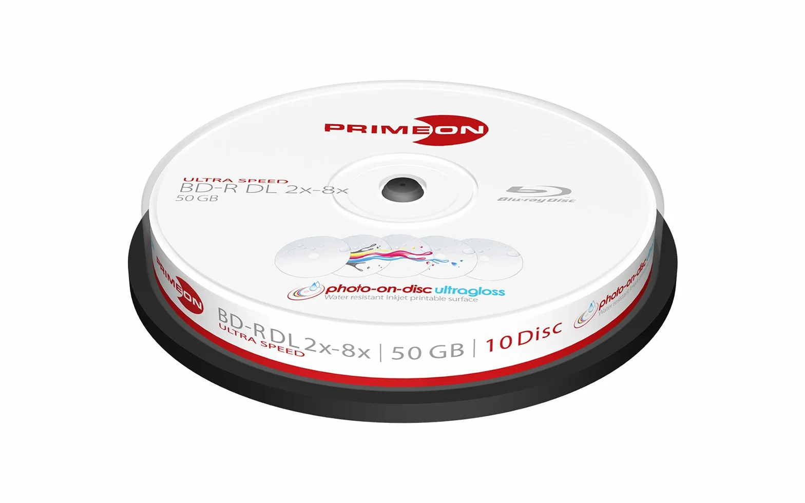 PRIMEON BD-R DL 50 GB/2-8 x pudełko na ciasto (10 tarcz), ultragloss Surface Photo-on-Disc, wodoodporny atrament, pełnowymiarowy druk