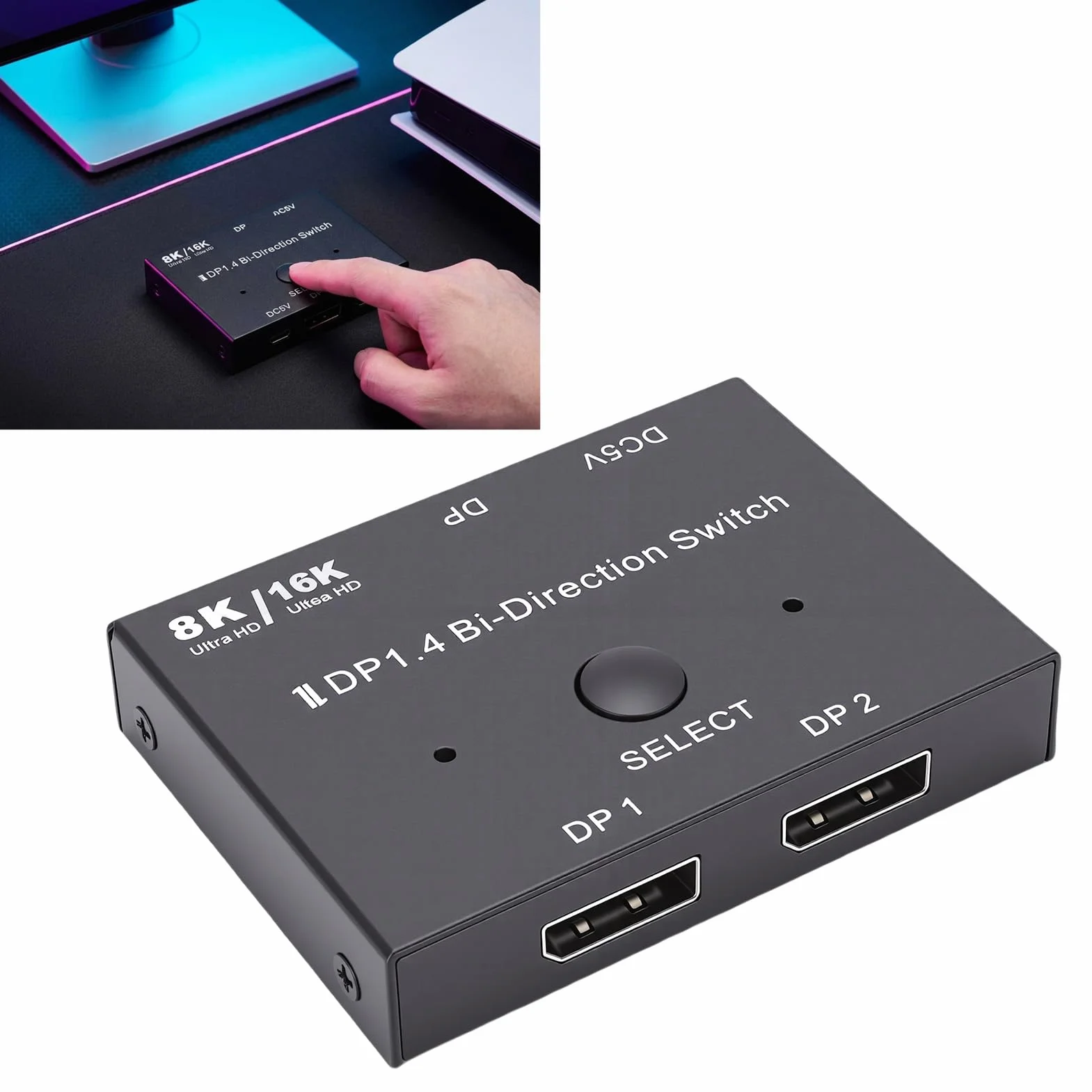 Cuifati Displayport 2.1 4K 8K 16K Wideo 2 na 1 Wyjście Rozgałęźnik Displayport Dwukierunkowy 8K Przy 120 Hz 4K Przy 240 Hz, na Wyjścia Konwerter Wideo DP 16K