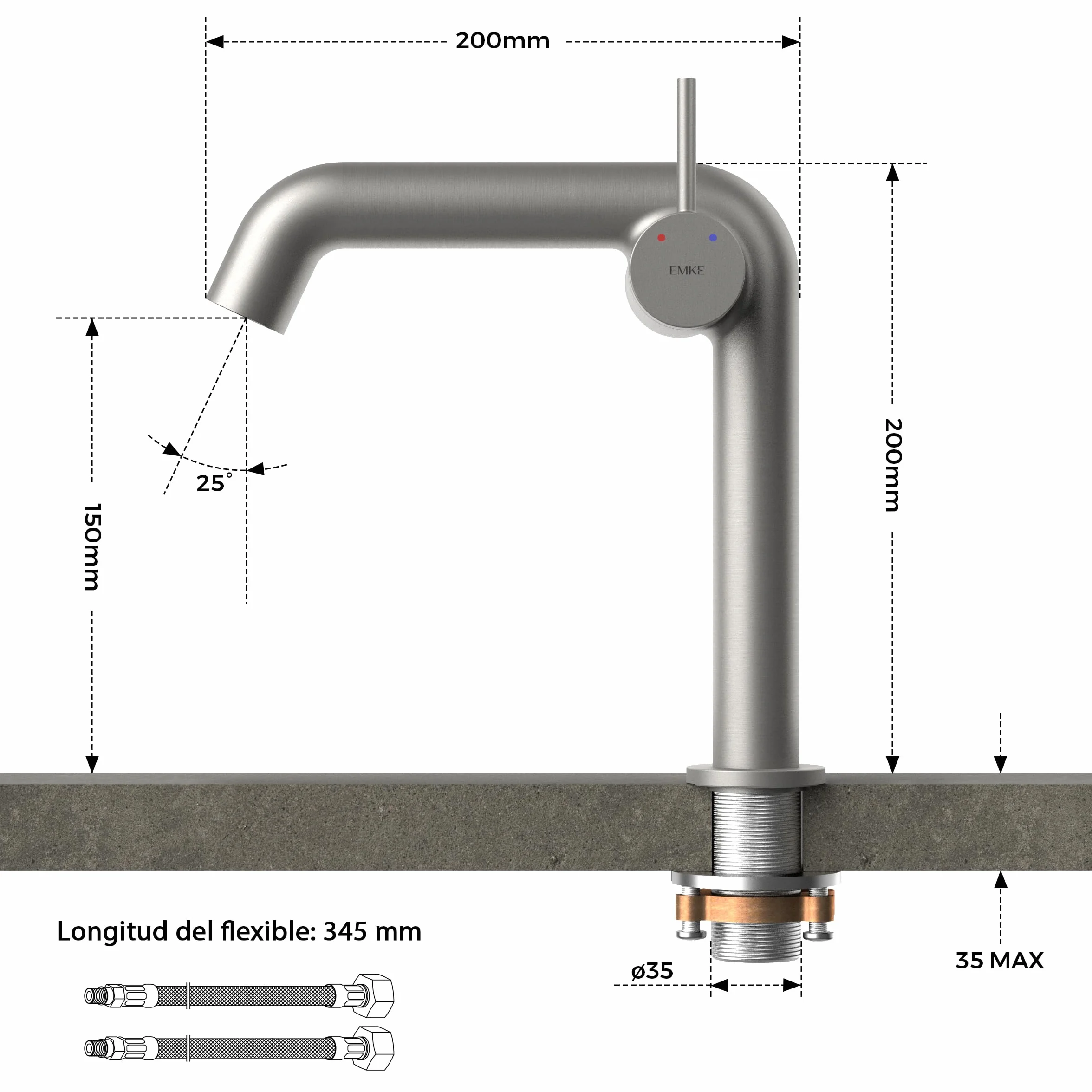 EMKE Bateria łazienkowa Antracyt Matowy Pojedynczy uchwyt Mosiądz Wkład ceramiczny 222 x 200 x 76 mm Bateria łazienkowa Łatwa instalacja Oszczędzająca wodę Bateria umywalkowa