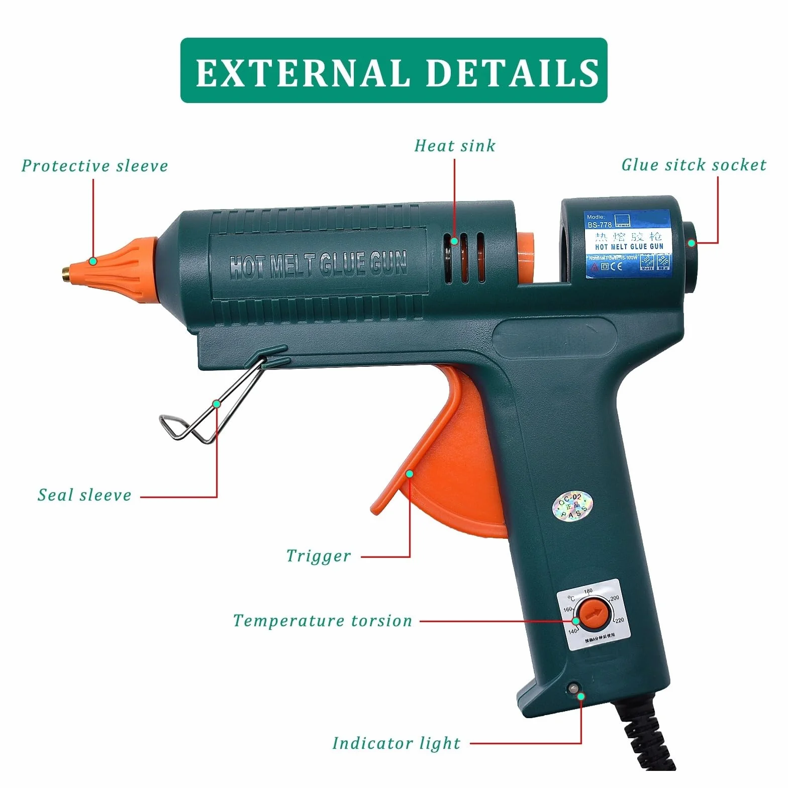 RUHEN Pistolet do klejenia na gorąco 150 W regulacja temperatury 140 ~ 220 stopni wymienna dysza użyj kleju 11 mm w sztyfcie do samodzielnego wykonania prac ręcznych i domowych szybkich napraw