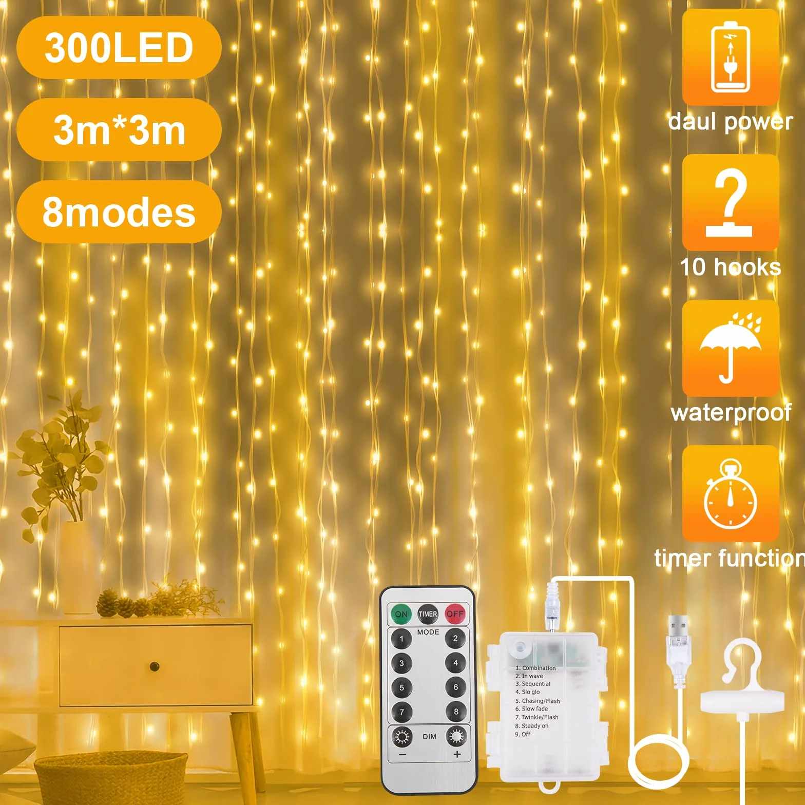 AOMIG Kurtyna świetlna LED, 3 × 3 m, 300 diod LED, 8 trybów, zdalne sterowanie, timer, regulowana jasność, wodoodporna, okienna, zasilanie USB i baterią, do sypialni, na imprezę, ciepła biel
