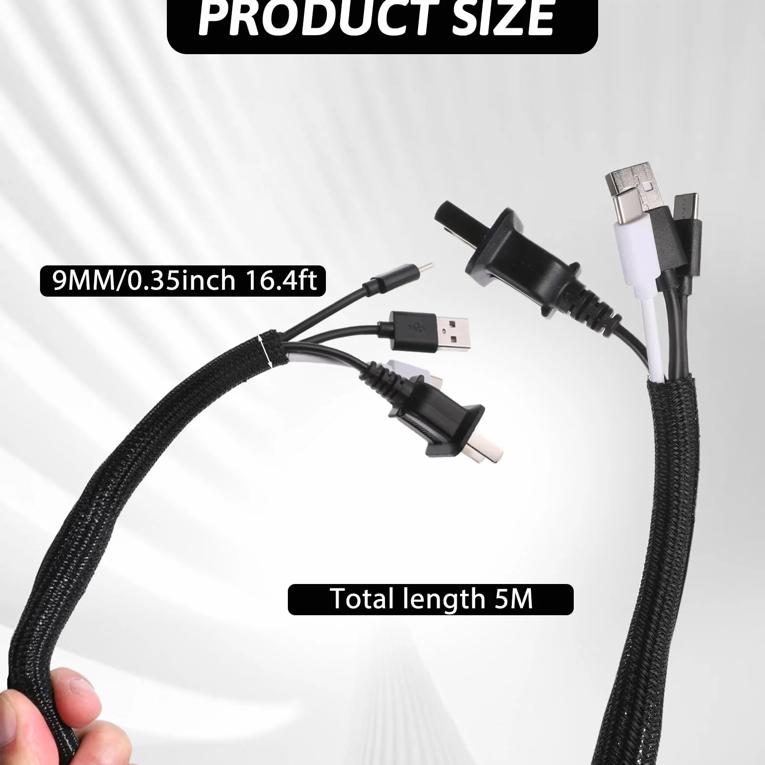 simarro Wąż kablowy, czarny, 5 m, do przycięcia, samozamykający, kratka ochronna na kabel, 9 mm, elastyczny, ochrona kabla dla psa, kota, zarządzanie kablami, na biurko, TV, komputer