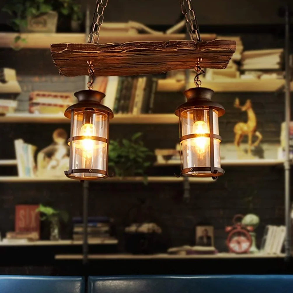 Lampa wisząca z drewna, przemysłowa lampa wisząca w stylu vintage, oświetlenie wewnętrzne, żyrandol loft, żelazo i szkło, abażur z regulacją wysokości, do jadalni, baru, salonu, lampa sufitowa