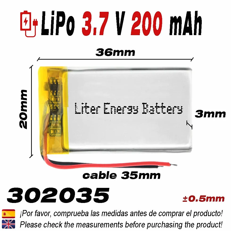 Bateria LiPo 302035 3.7V 200mAh 0.74Wh 37x20x4mm Akumulator Litowo-Polimerowy