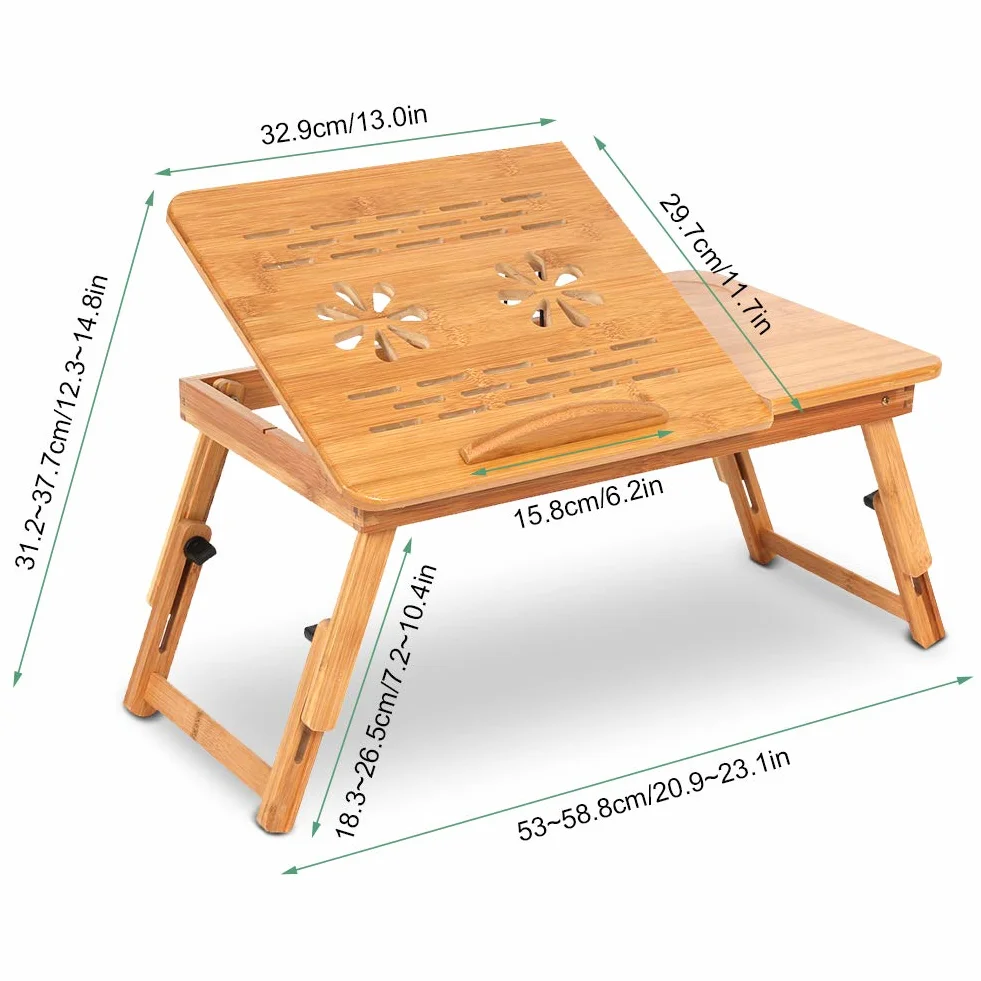 Laptoptisch Beistelltisch Bambus mit Schublade Höhenverstellbar (53-58,8) x 29.7 cm