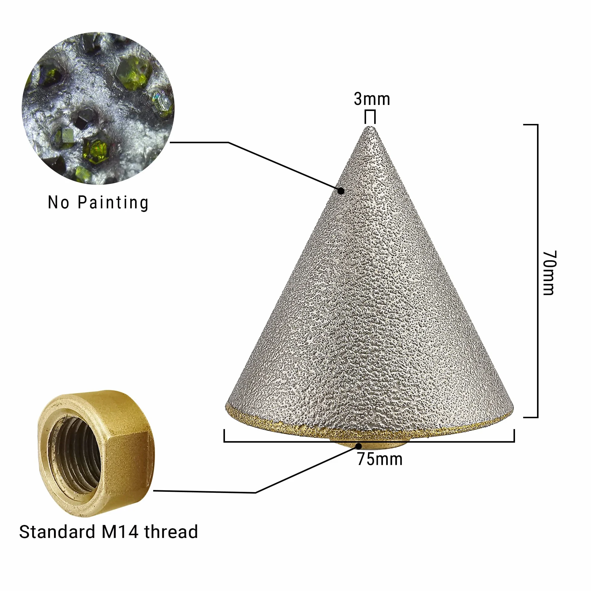 NBB Diamentowy frez z M14 do fazowania na sucho lub na mokro profesjonalnie z porcelany, ceramiki, płytek granitowych, marmuru, do otworów na dzień.3-38 mm, do szlifierki kątowej (1, CB75 3-75mm)