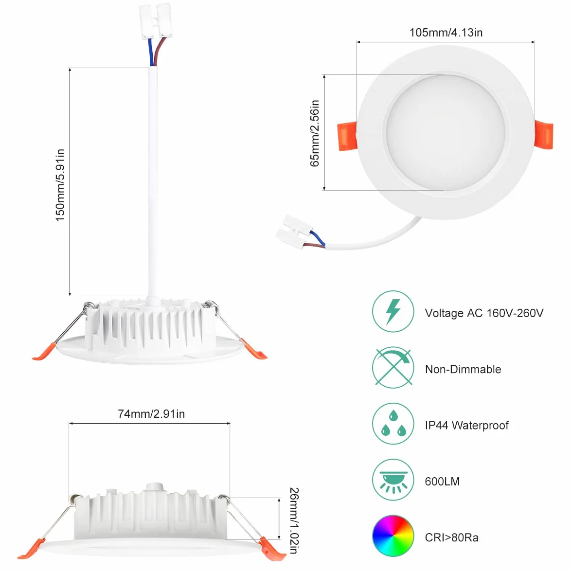 Downlight LED wpuszczany 6 W odpowiednik 60 W, 6 sztuk wpuszczany reflektor LED okrągły neutralny 4500K, 600LM ultra cienki 26 mm, Ф85-95 mm, nieściemnialny AC 160-260 V, LED iluminator do salonu