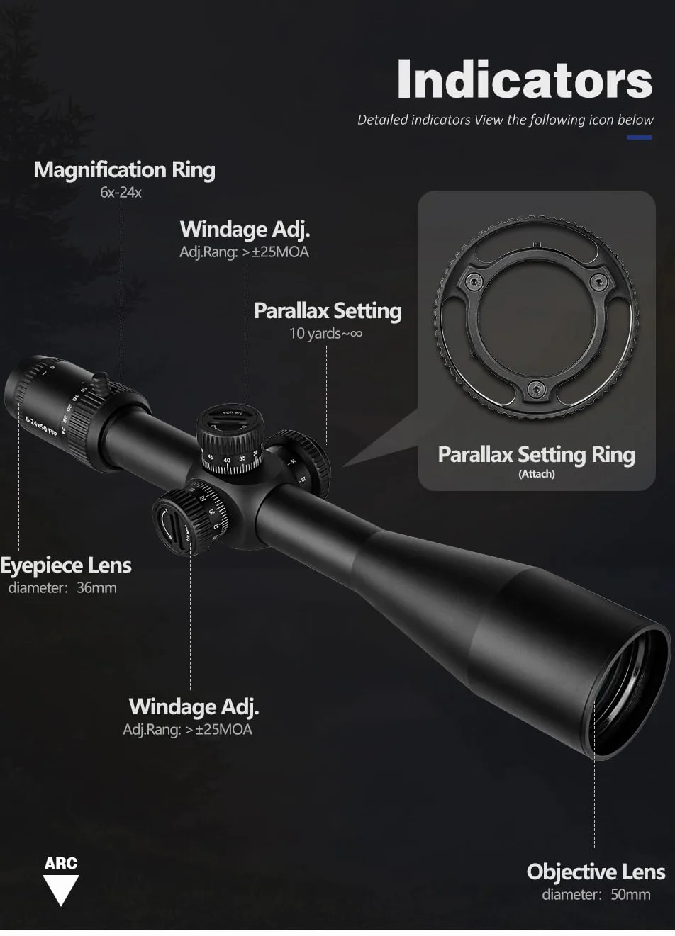 SPINA OPTICS 6-24X50 FFP Pierwszy Focus Plane Telescopic Sight Zakres karabiny MIL Dot Reticle
