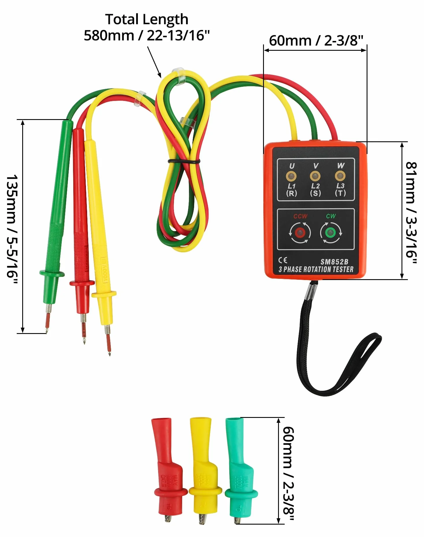 QWORK® Tester fazowy 3-fazowy miernik kąta obrotowego, 60 V ~ 600 V AC, 20-400 Hz, z testerem brzęczyka i zaciskami krokodylkowymi