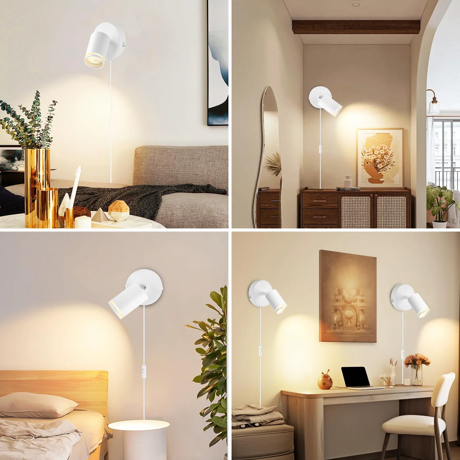 Lampa ścienna z przełącznikiem i wtyczką biała GU10 – lampa ścienna wewnętrzna z przełącznikiem, obracana o 350°, lampa ścienna do sypialni, salonu, korytarza, bez źródła światła