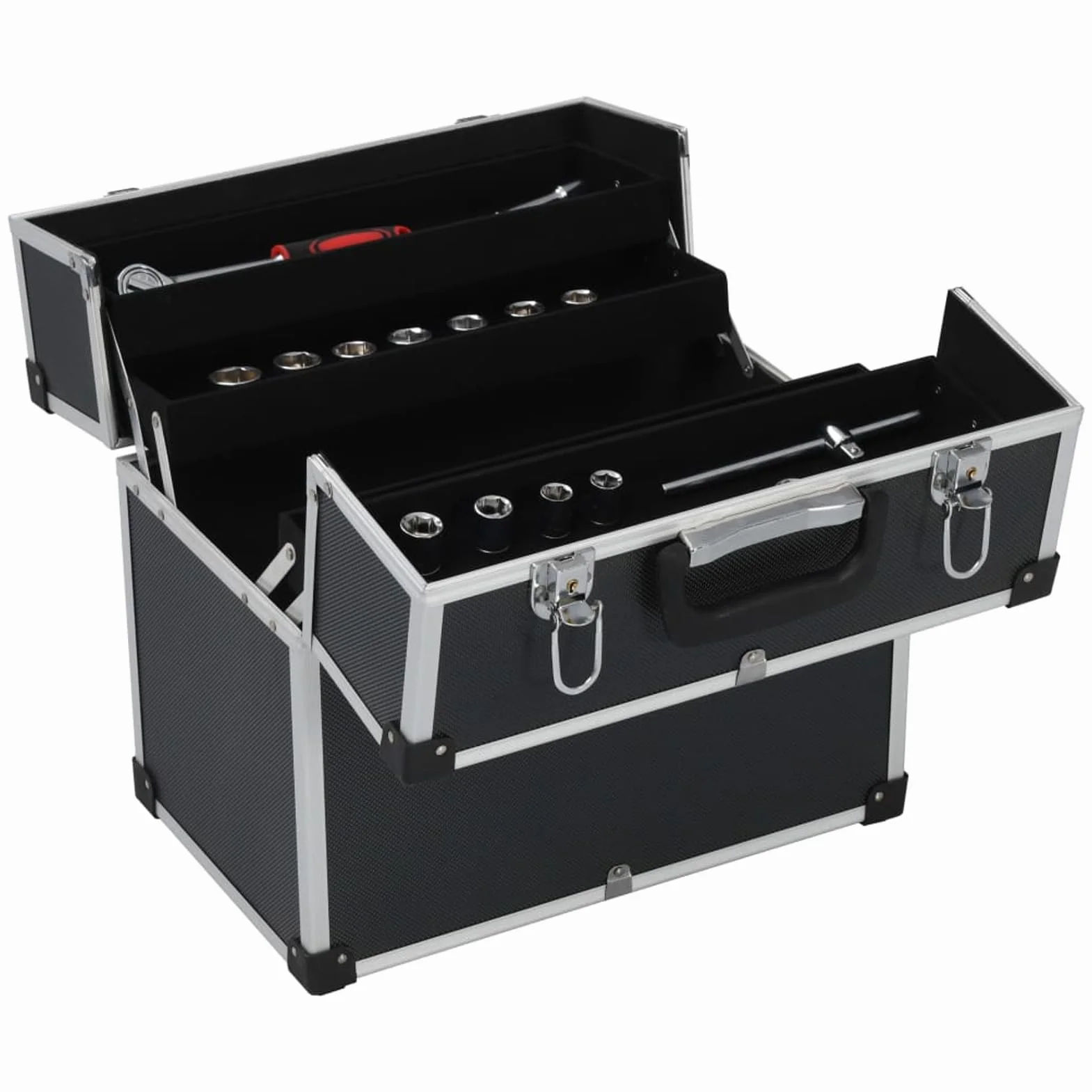 ShGaxin Skrzynka narzędziowa aluminiowa czarna 38x22,5x34 cm, wózek narzędziowy, organizer na narzędzia