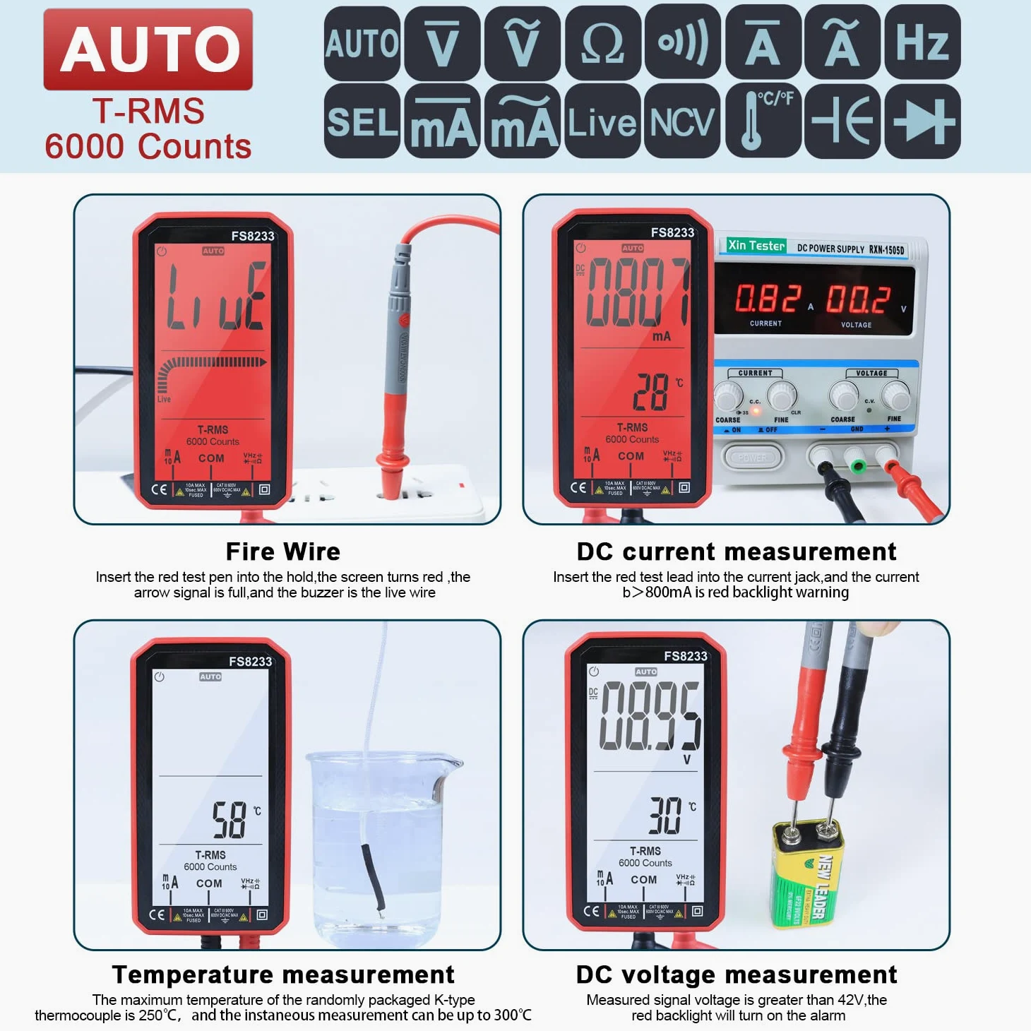 Inteligentny multimetr cyfrowy tranzystor testery 6000 koralik True RMS miernik pojemności elektrycznej auto odporność na temperaturę