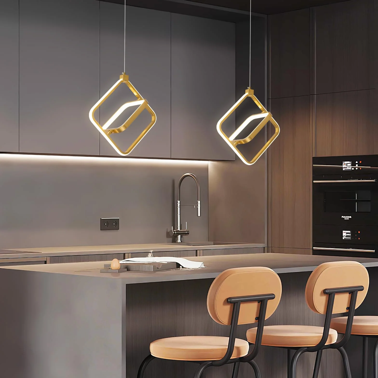 Nowoczesna lampa wisząca LED, złoty pierścień, żyrandol z regulacją wysokości, pasuje do kuchni, wyspy, sypialni, salonu, foyer (prostokątny, 2 pierścienie)