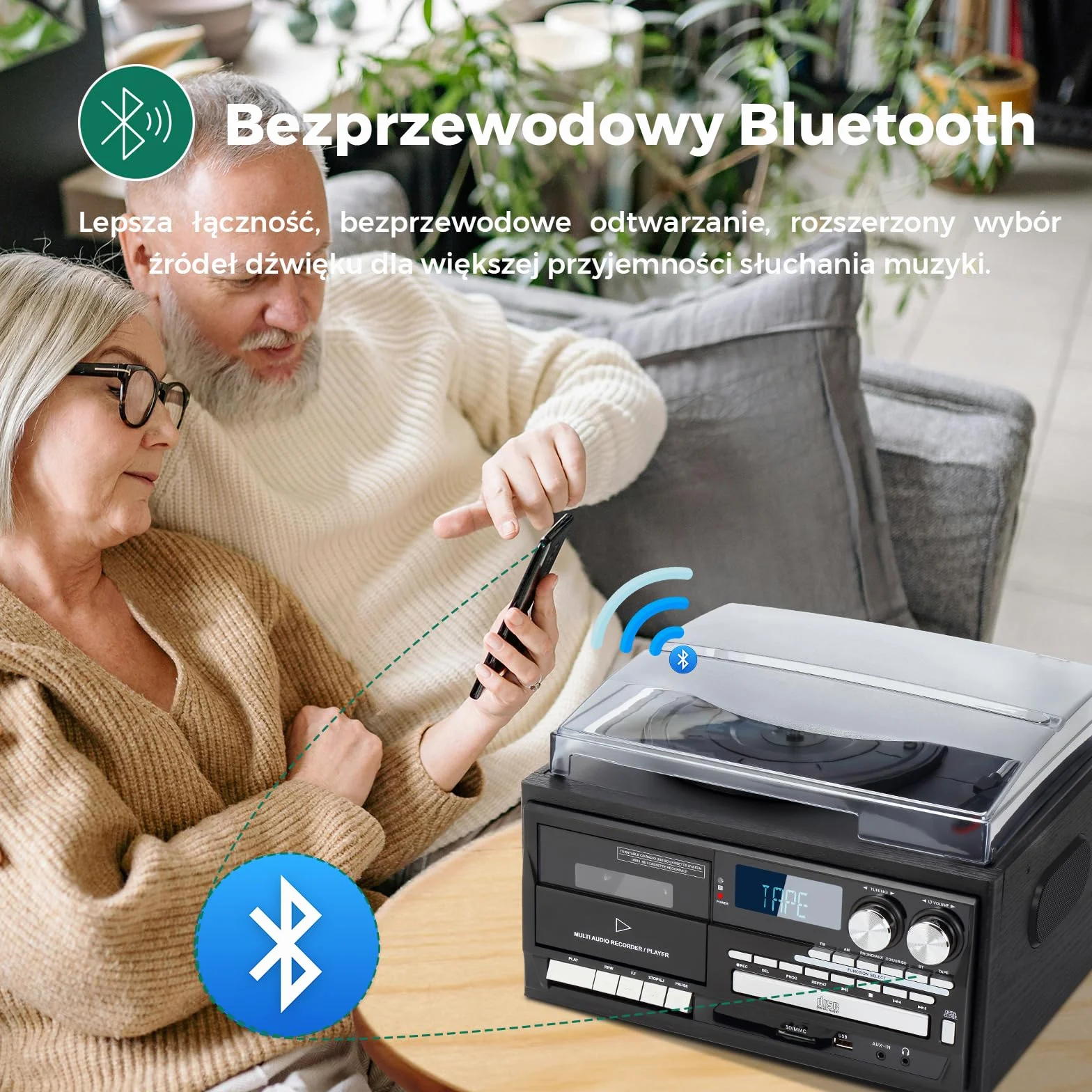 Gramofon z Bluetooth 3-biegowy odtwarzacz winyli CD kaset radio AM/FM USB SD MMC czarny