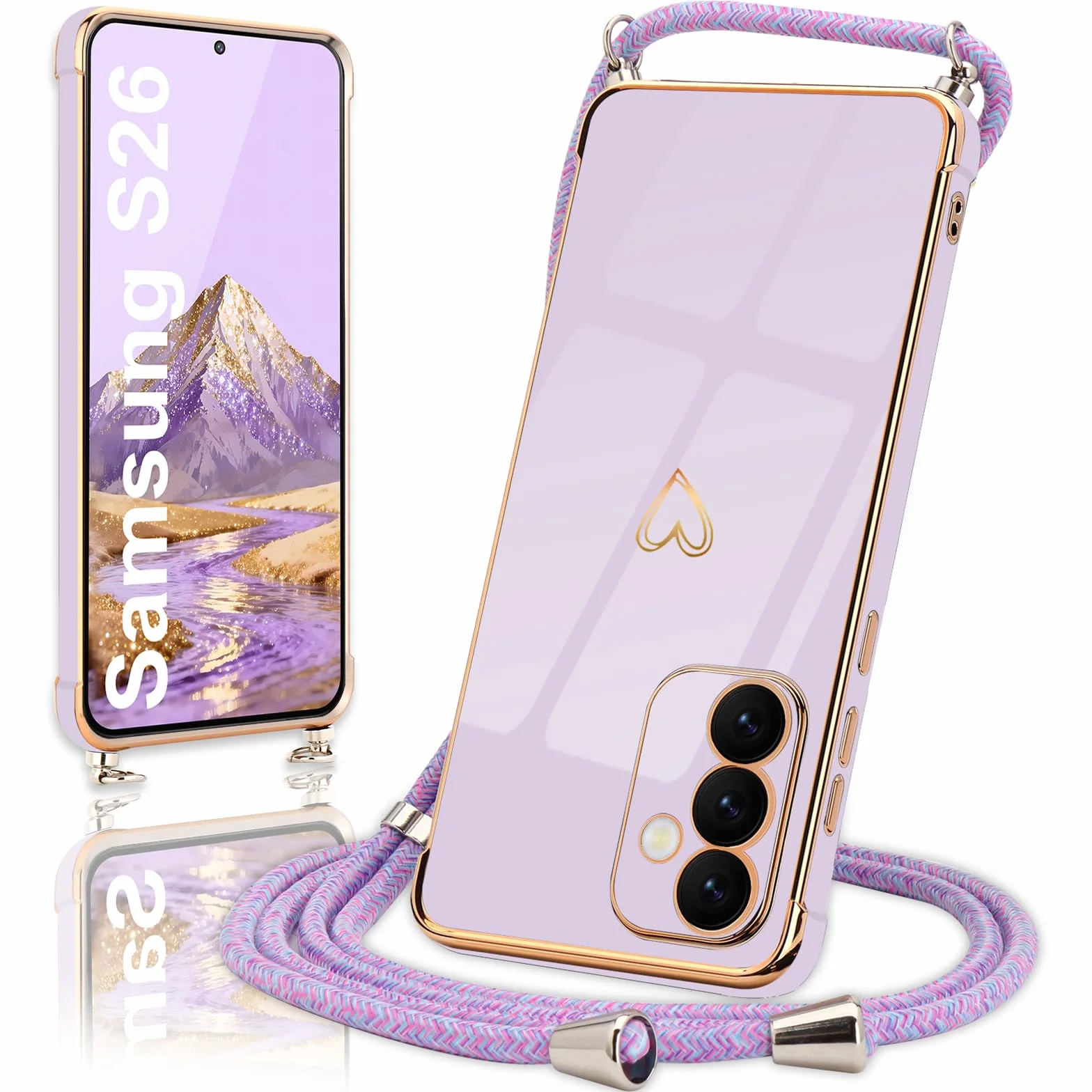 Micoden Etui Samsung Galaxy S26 z paskiem, ochrona aparatu, motyw serca, galwanizowany, cienki silikon TPU