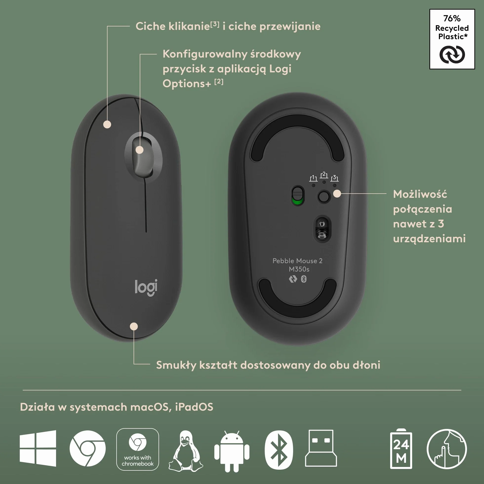 Logitech Pebble 2 Combo Bezprzewodowa klawiatura i mysz Logi Bolt Bluetooth Grafit