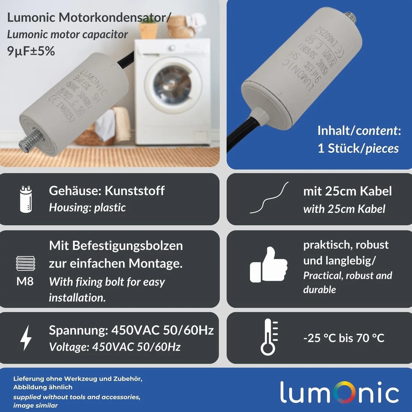 Lumonic Kondensator rozruchowy 9µF 450V | z Kabel I 30x60mm I 9uF I Kondensator silnikowy z plastikowa obudowa I Kondensator operacyjny I do pomp, kosiarek, narzedzi