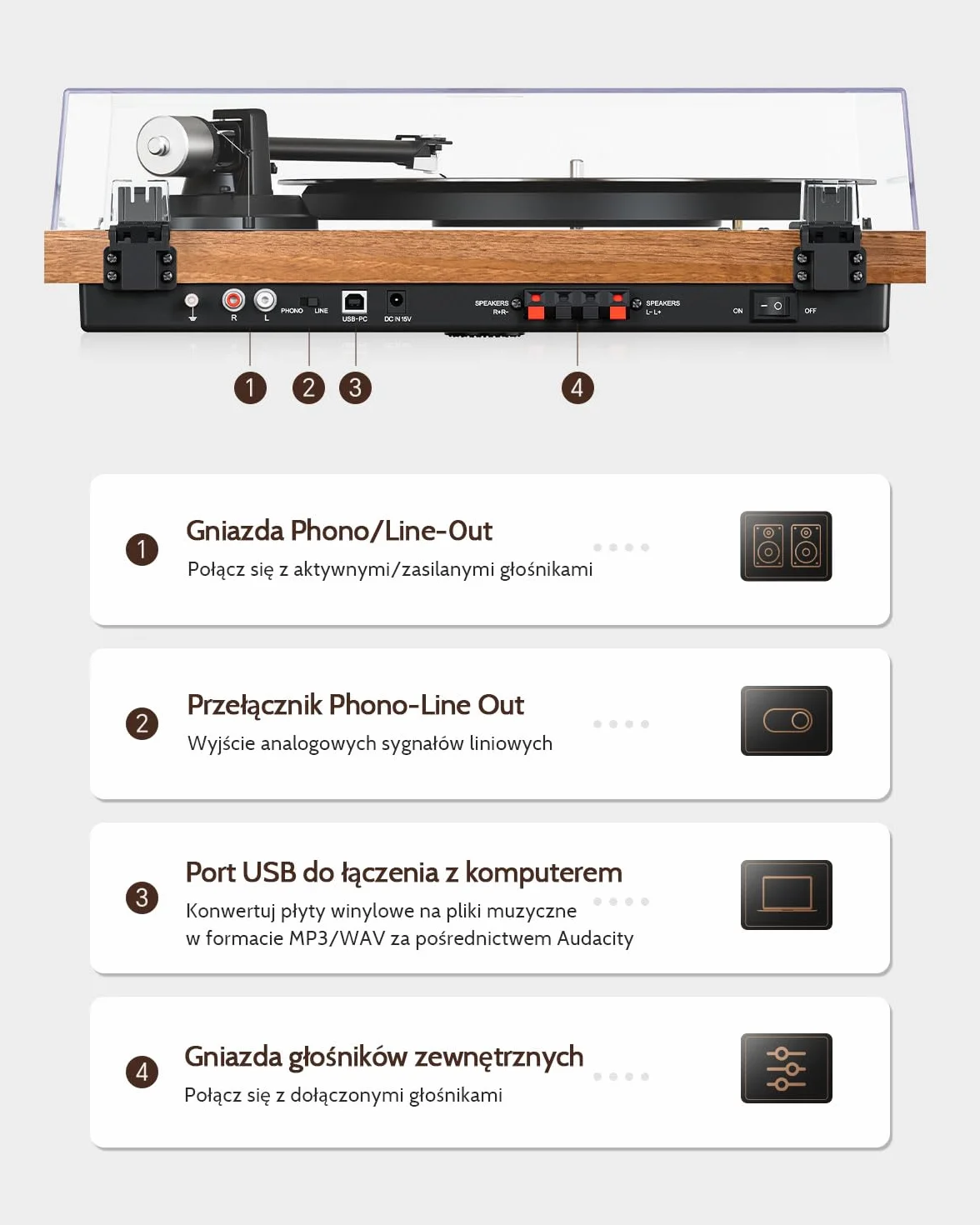 1 BY ONE Gramofon Bluetooth HiFi System MM 33/45 obr./min z USB, Napęd paskowy, Automatyczne zatrzymanie