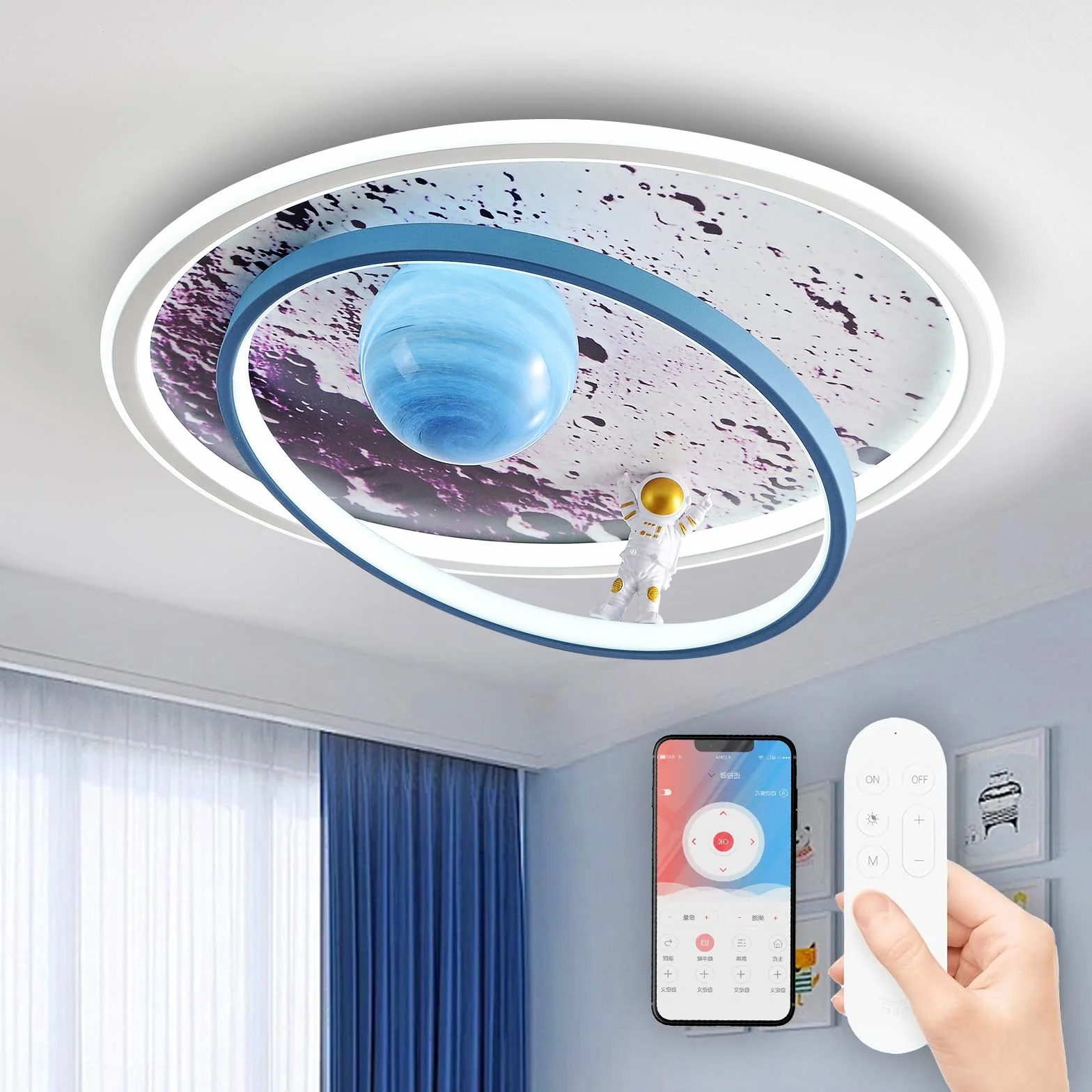 Lampa sufitowa do pokoju dziecięcego, ściemniana, lampa sufitowa LED, księżyc, astronauta, lampa sufitowa z pilotem zdalnego sterowania, dla dzieci, dziewczynek, chłopców, do salonu, sypialni, pokoju