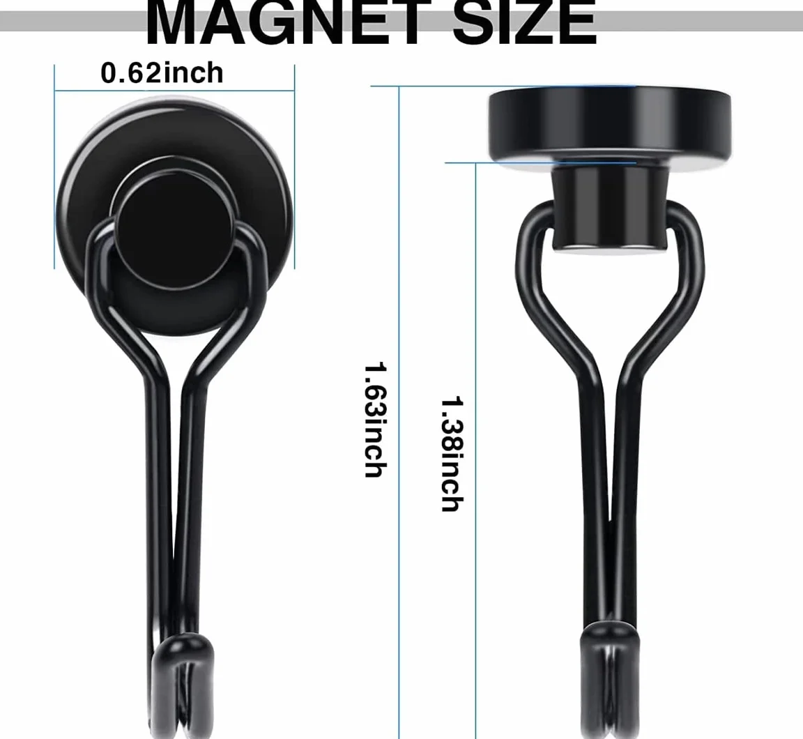 E BAVITE 6 sztuk czarnych obrotowych haków magnetycznych, 13,6 kg, mocne haczyki magnetyczne, mocne, neodymowe, z rzadkiej ziemi, idealne do lodówki, kuchni i innych powierzchni magnetycznych