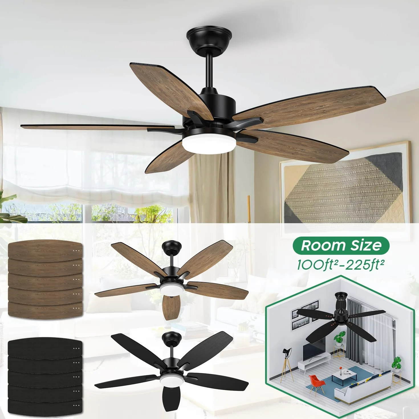 Wentylator sufitowy z oświetleniem i pilotem zdalnego sterowania, cichy, 106 cm, wentylator sufitowy z lampą LED z 5 drewnianymi łopatkami, rysunek słojów drewna/czarny, do sypialni, salonu