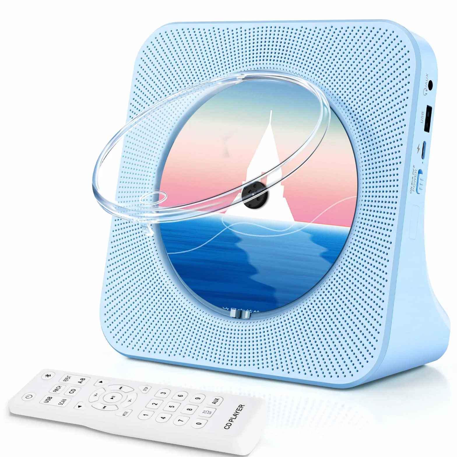 Przenośny odtwarzacz CD z Bluetooth i głośnikami, domowy odtwarzacz CD dla dzieci, odbiornik/nadajnik Bluetooth, radio FM, gniazdo słuchawkowe i USB, pilot zdalnego sterowania, niebieski