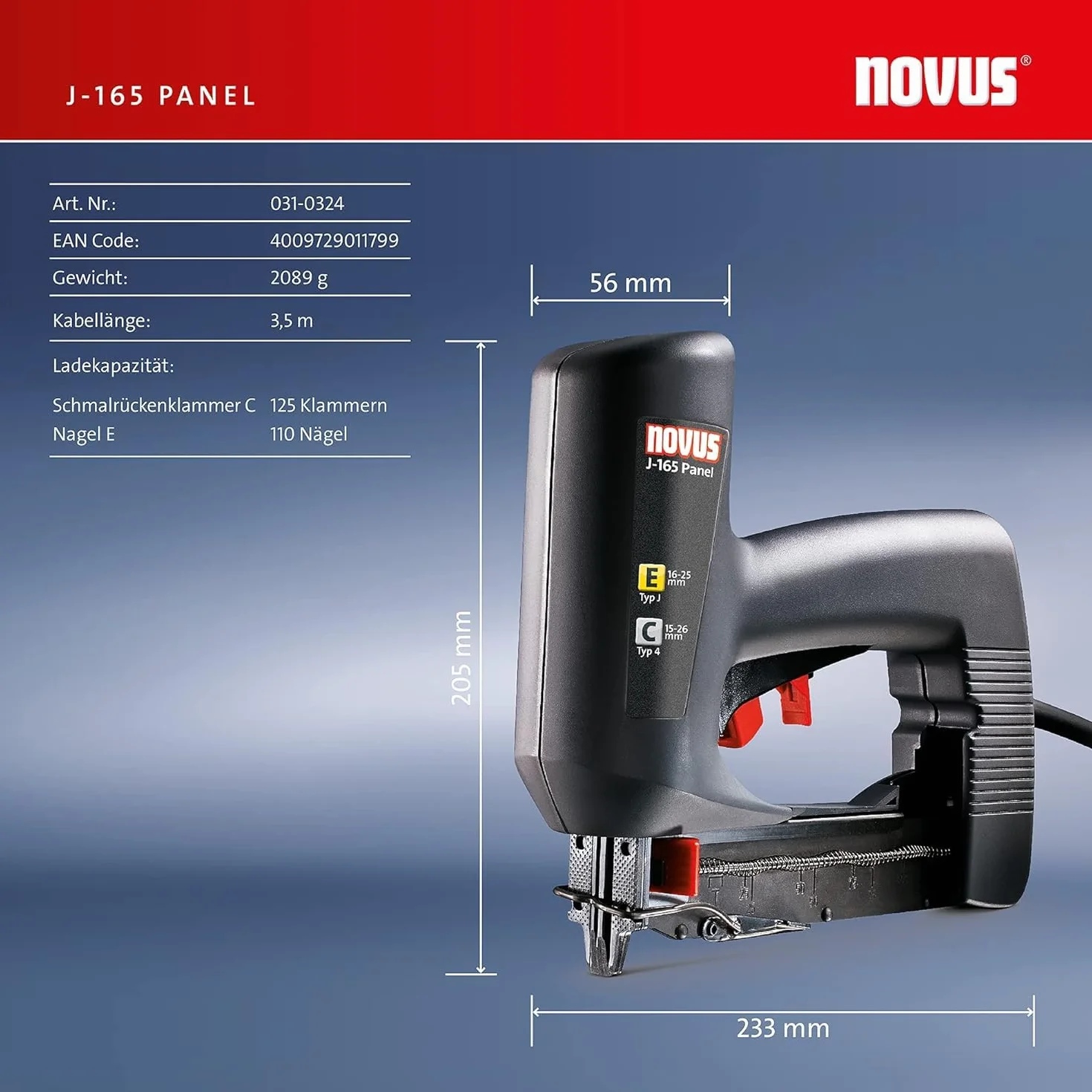 Novus J-165 Ec Panel 031-0324 Gwoździarka i Zszywacz Panelowy, Czarny/Granatowy, 16-25 mm/15-26 mm