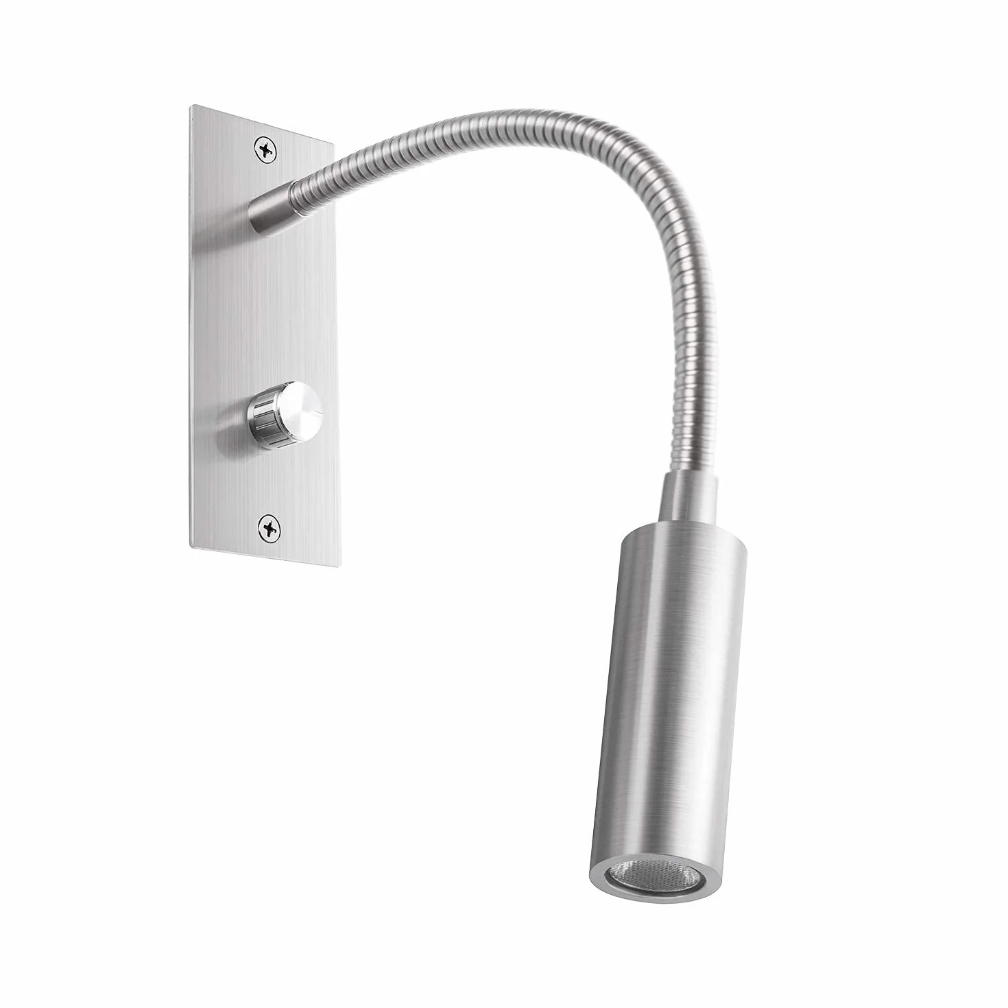 Meanyee Lampa ścienna do czytania zagłówek lampka nocna z przełącznikiem obrotowym/bezstopniowe ściemnianie/regulowane ramię/osadzone/szczotkowany nikiel/ciepła biel 3000 K Cree LED/MY-WN065