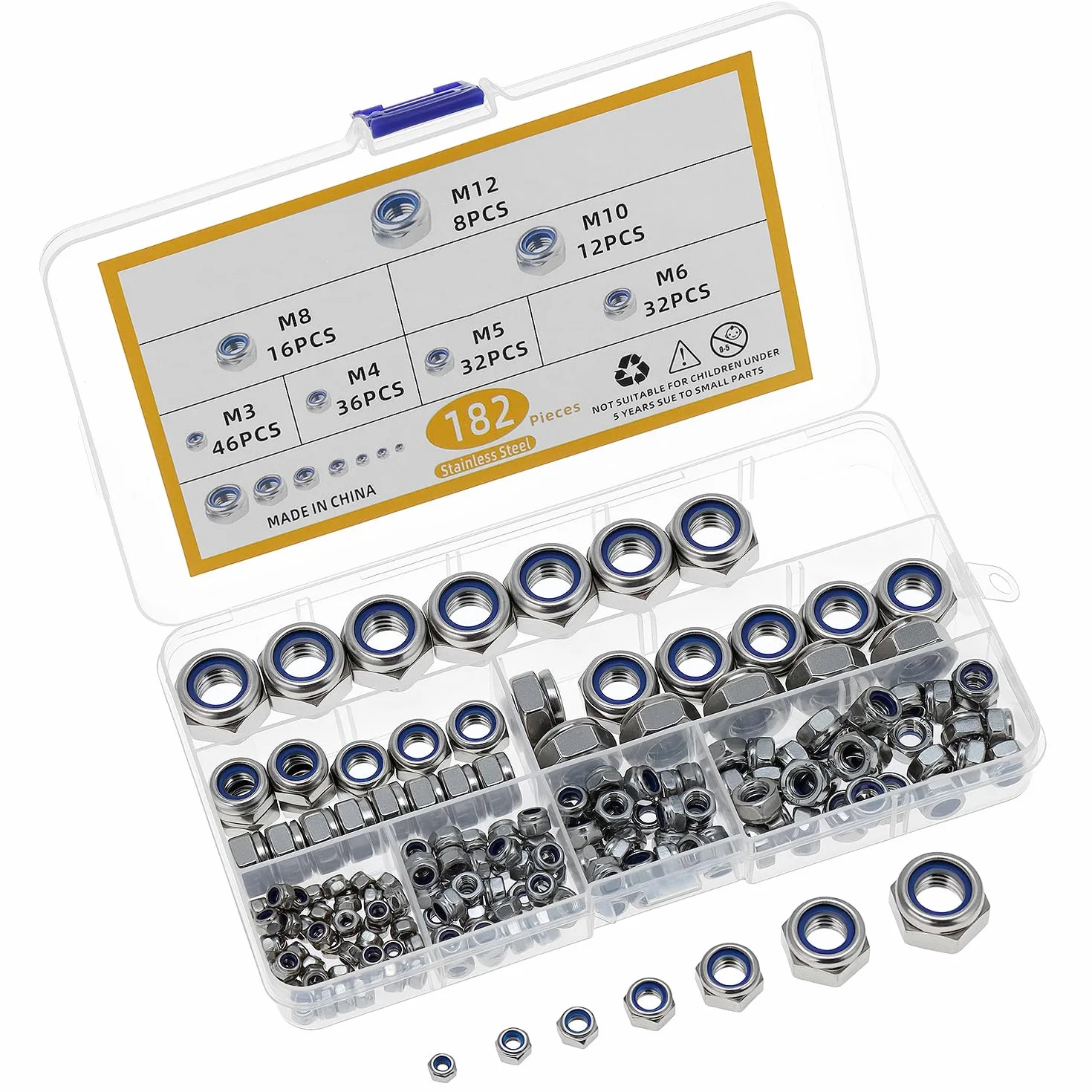QWORK 182 sztuki nakrętek samozabezpieczających ze stali nierdzewnej 304, z wkładką nylonową, różne rozmiary M3/M4/M5/M6/M8/M10/M12