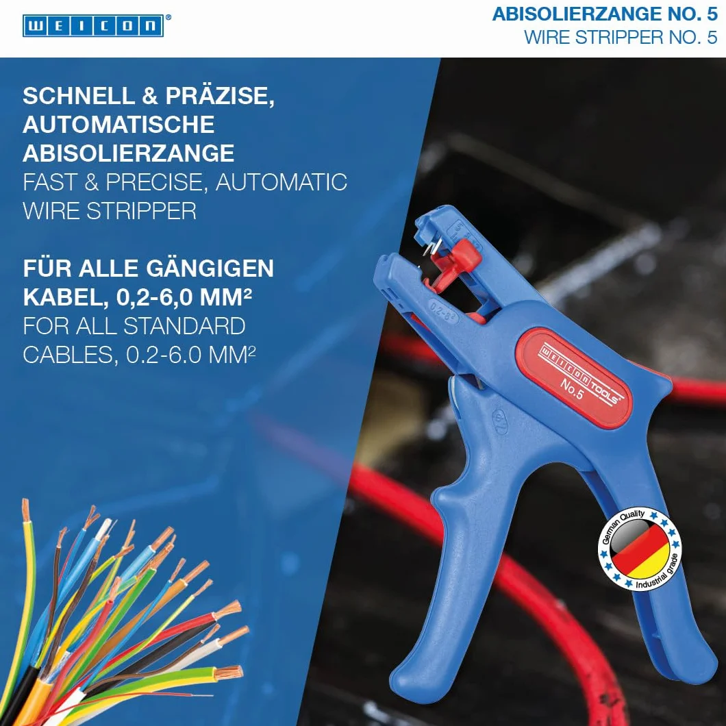 WEICON TOOLS Nr 5, automatyczne szczypce do zdejmowania izolacji do przewodów 0,2–6 mm², ze zintegrowanym obcinaczem bocznym