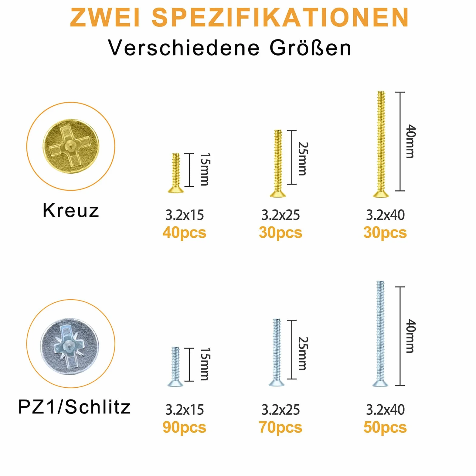 VIGRUE 310 sztuk śrub do puszek przełączników, wkrętów do puszek 3,2 x 15 mm, 3,2 x 25 mm, 3,2 x 40 mm, śruby z łbem stożkowym z PZ1/wkrętami szczelinowymi i śrubami krzyżowymi w skrzynce