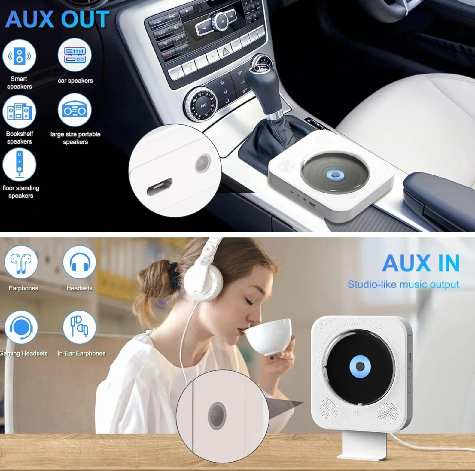 Przenośny odtwarzacz CD Bluetooth z radiem FM, głośniki HiFi USB MP3, wejście AUX 3,5 mm