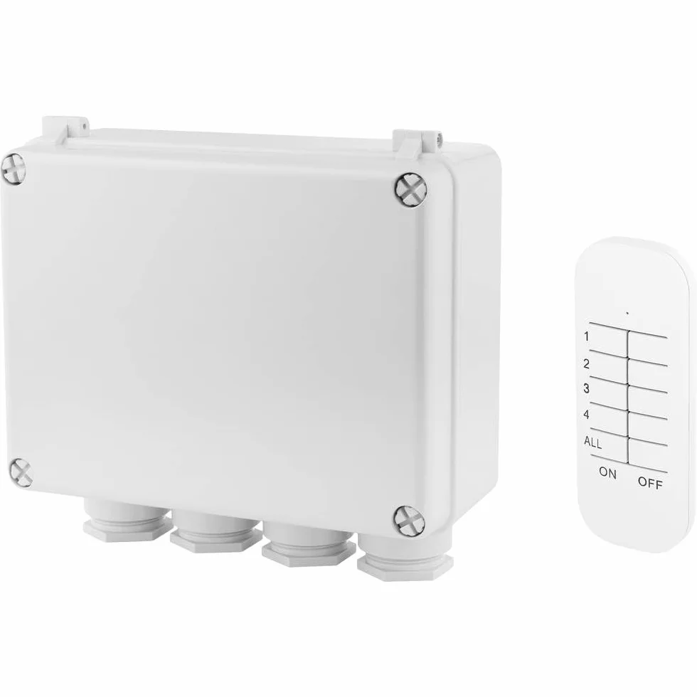 Smartwares Plug & Connect - Zewnętrzny 3-kanałowy zestaw przełączników - Wodoodporny IP55 - Skrzynka przyłączeniowa i 4-kanałowy pilot - SH4-99652, biały