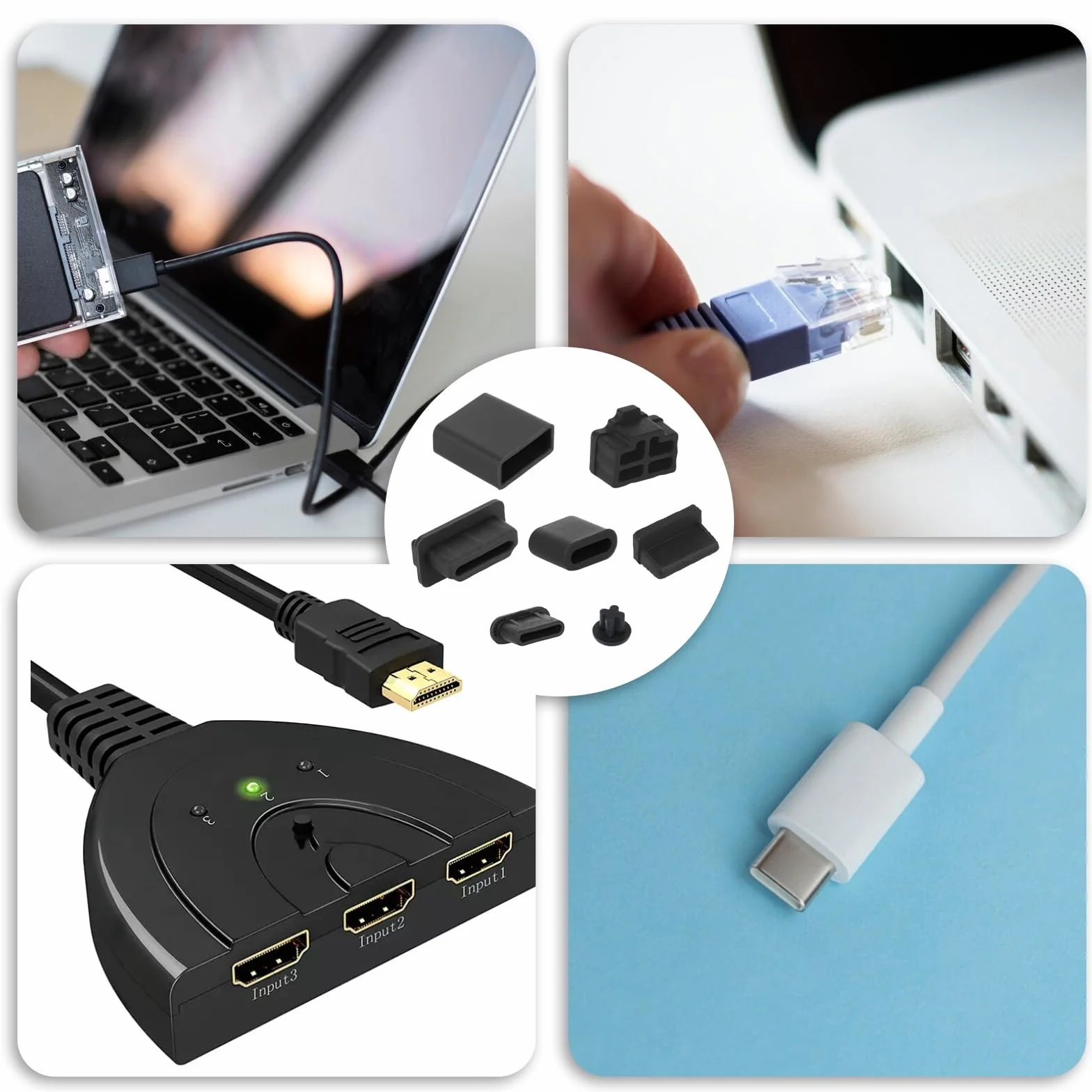 Silikonowe nasadki ochronne USB C USB-A HDMI RJ45 3,5 mm 50 sztuk 7 rodzajów