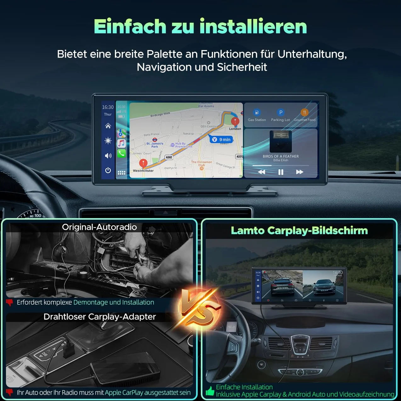 LAMTTO Bezprzewodowe radio samochodowe CarPlay Android 9,26" 2,5K+1080p kamera 64GB TF Bluetooth nawigacja Mirror Link Siri/G00gle AUX/FM