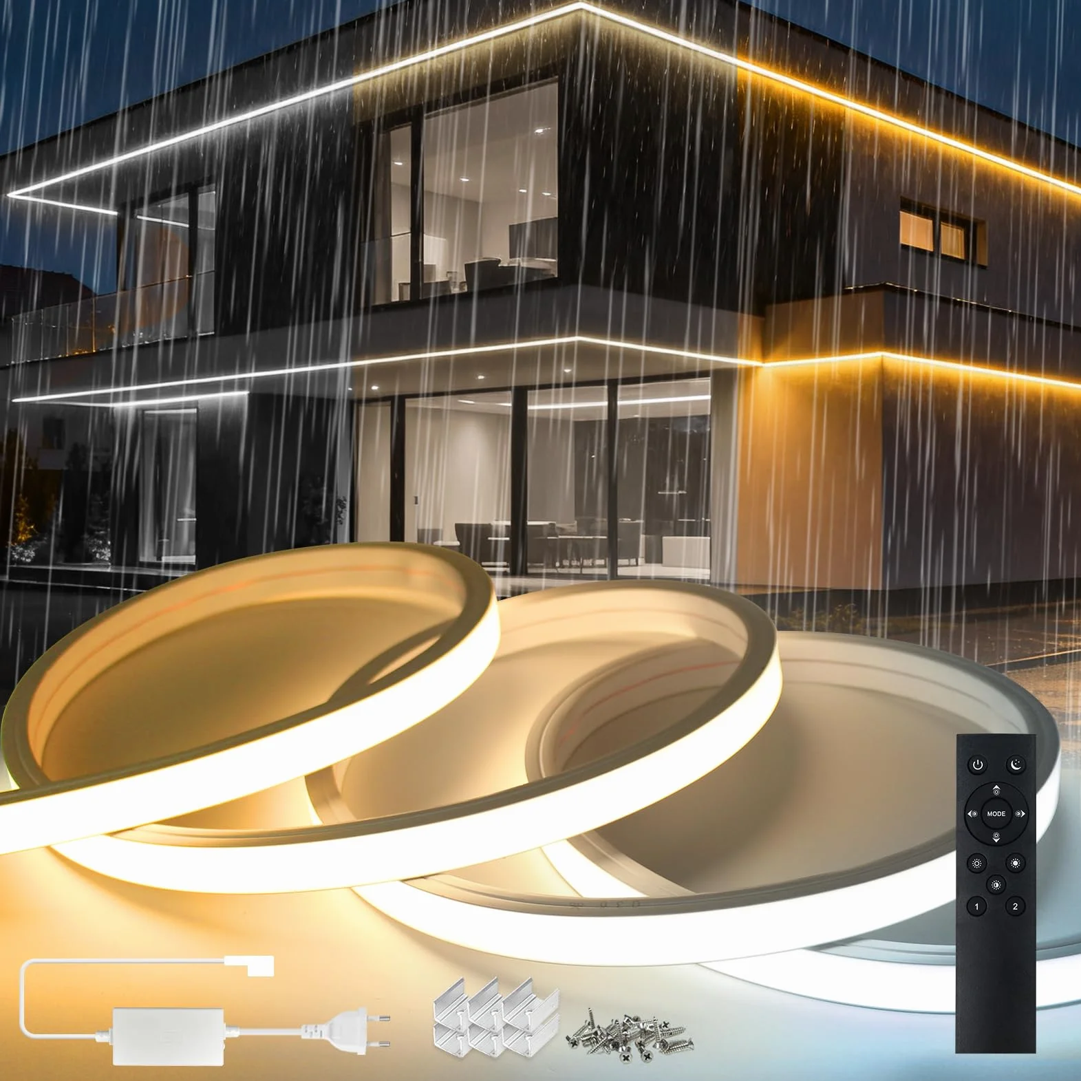 20m Pasek LED Neon 220V Ściemniany Z Pilotem Ciepła Biel 3000K-Zimna Biel 6500K, Silikon IP65 10x10mm Elastyczny Na Zewnątrz Komplet Z Zasilaczem