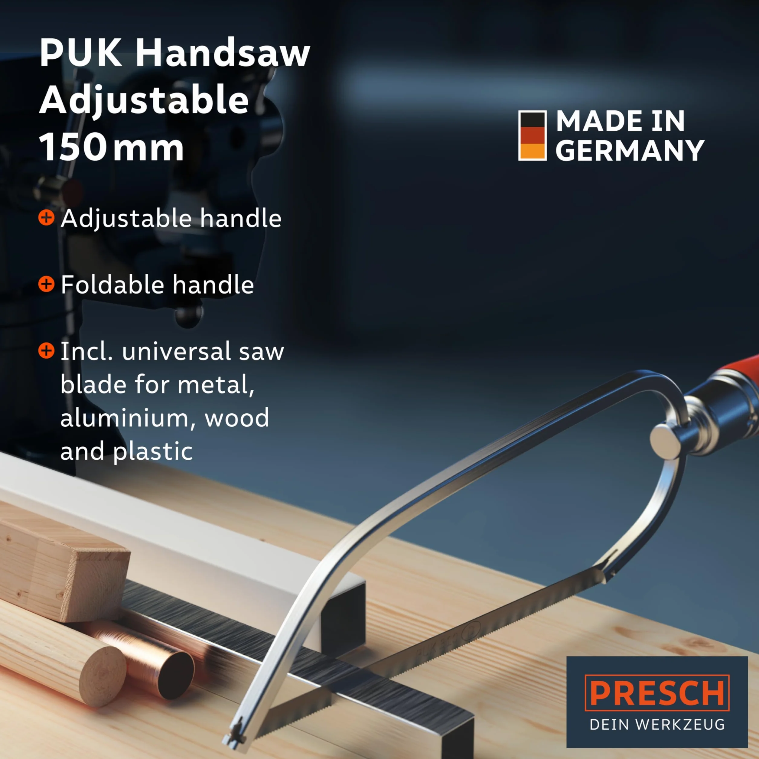 Presch Piła do metalu Junior składana 150 mm z uniwersalnym brzeszczotem - Piła ręczna 150 mm z regulowanym uchwytem - Do metalu nieżelaznego, plastiku, aluminium, wszystkich rodzajów drewna