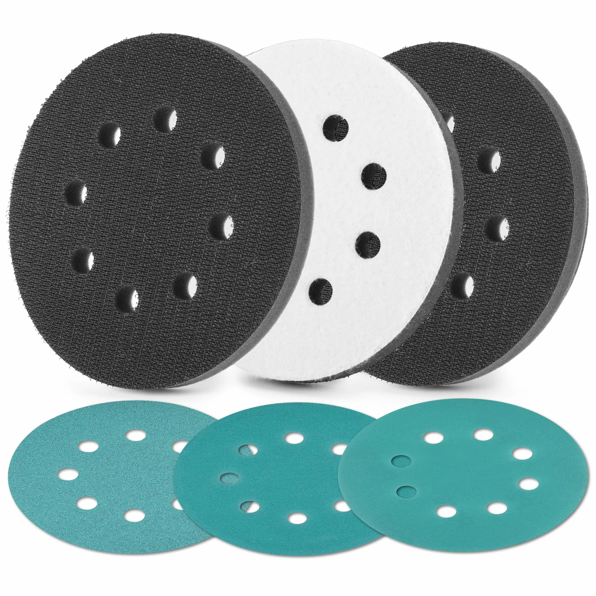 WORKPRO Zestaw 3 padów szlifierskich 125 mm na rzep do szlifierki mimośrodowej z 8 otworami, gąbka polerska o gęstości 12 mm 125 mm z 3 papierami ściernymi do szlifierki