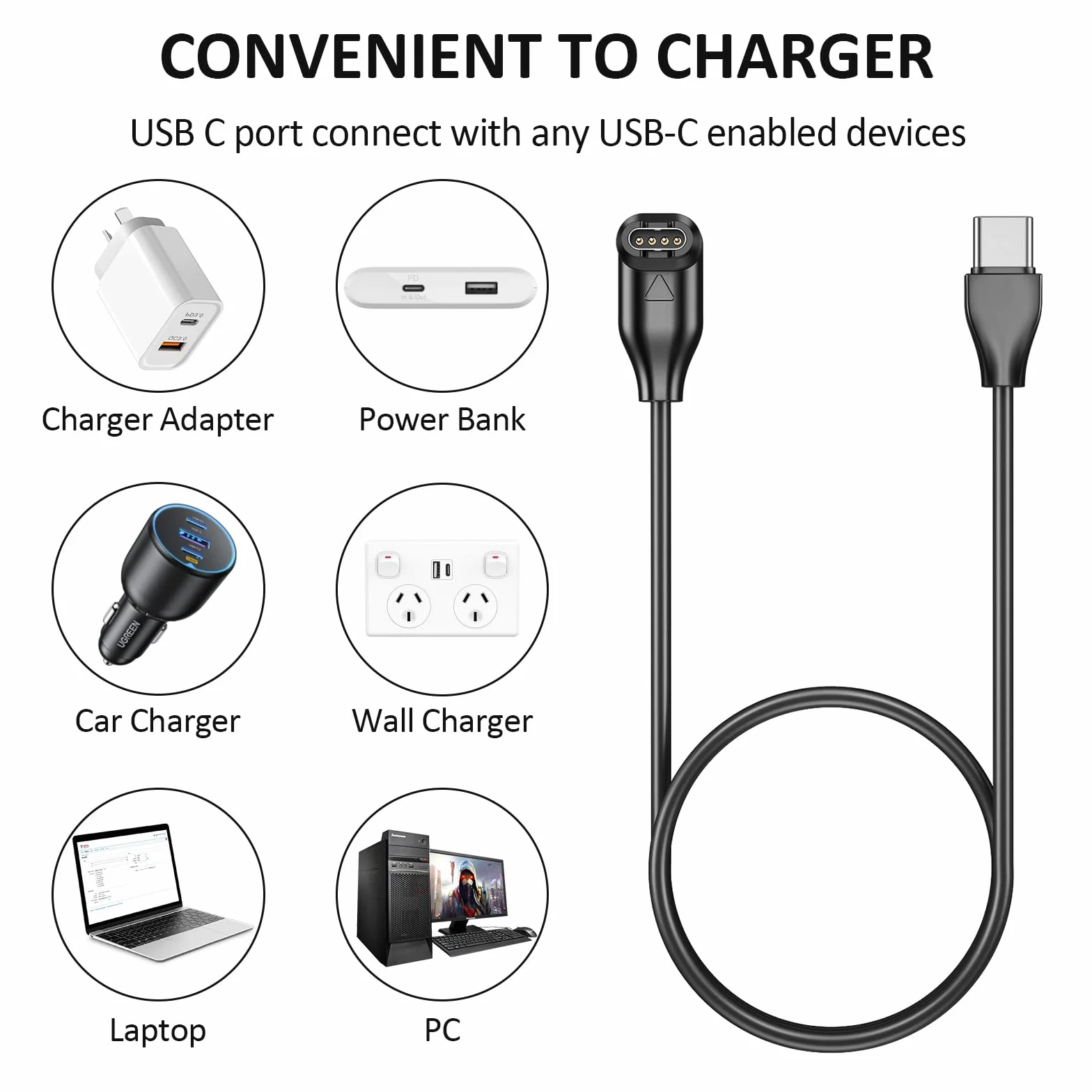 2 Pack kabel do ładowania dla zegarka Garmin, 100cm/3,3ft USB-C i USB-A kątowe ładowarki dla serii Garmin Fenix/Venu/Forerunner/Instinct/Vivoactive/Approach